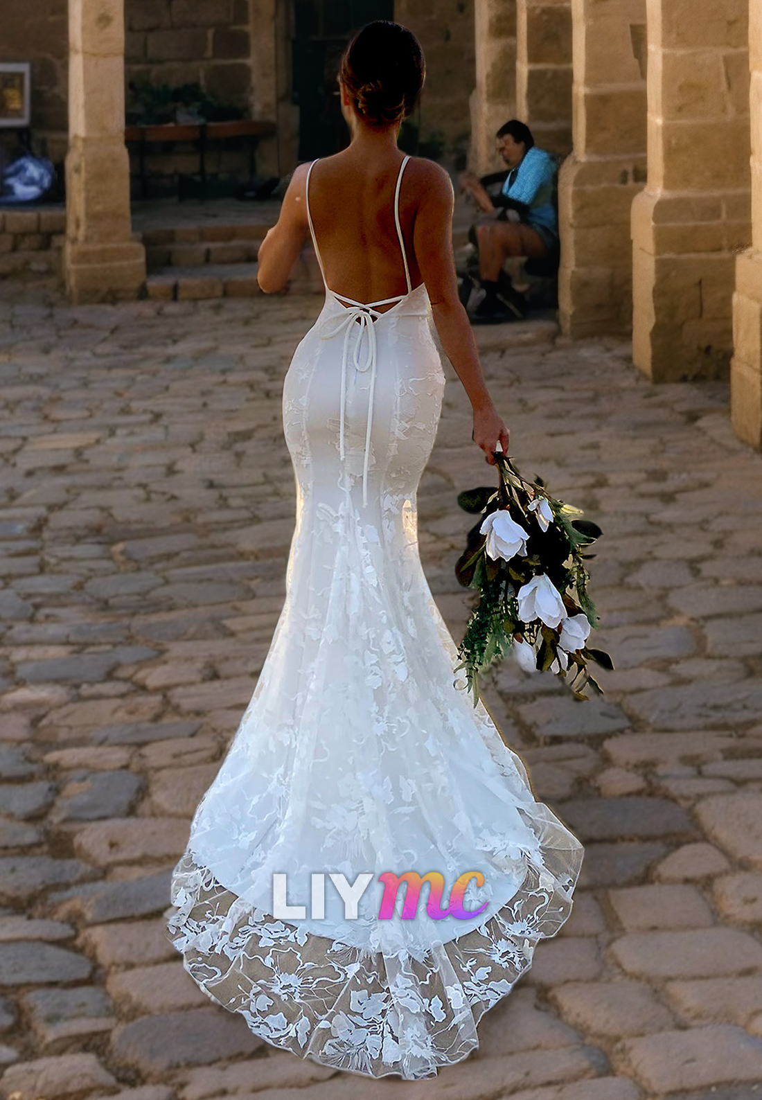 V-Neck Spaghetti Straps Appliques Mermaid Beach Wedding Dress