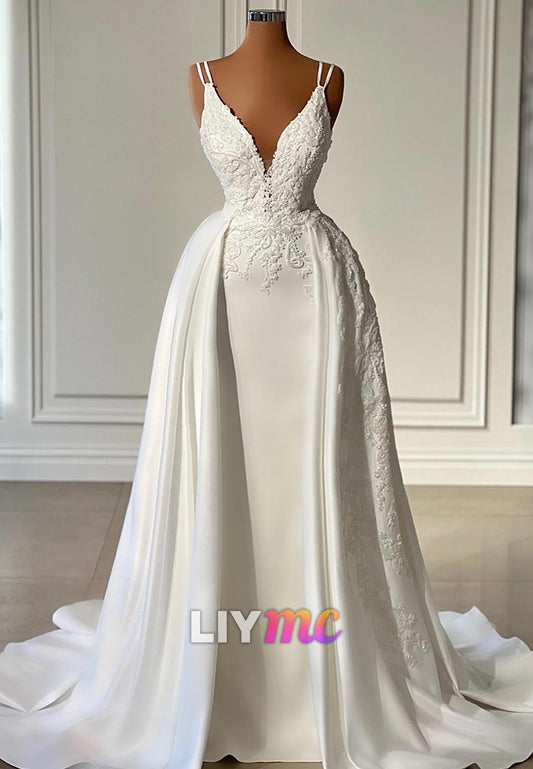 V-Neck Spaghetti Straps Appliques Mermaid Wedding Dress