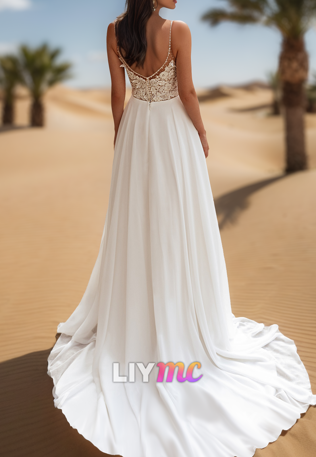 V-Neck Spaghetti Straps Appliques Pleated A-Line Beach Wedding Dress
