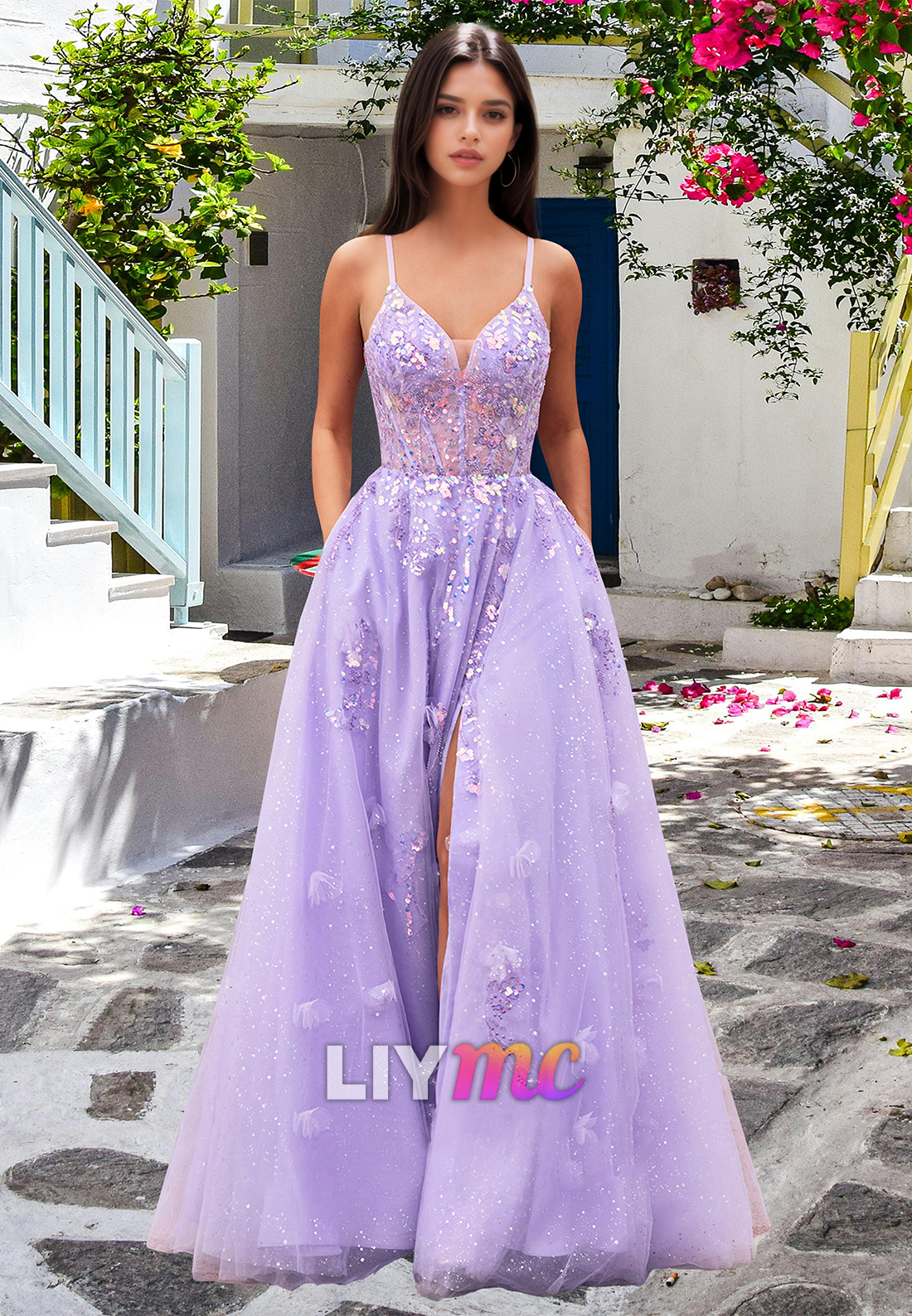 V-Neck Spaghetti Straps Appliques Sequins A-Line Prom Dress