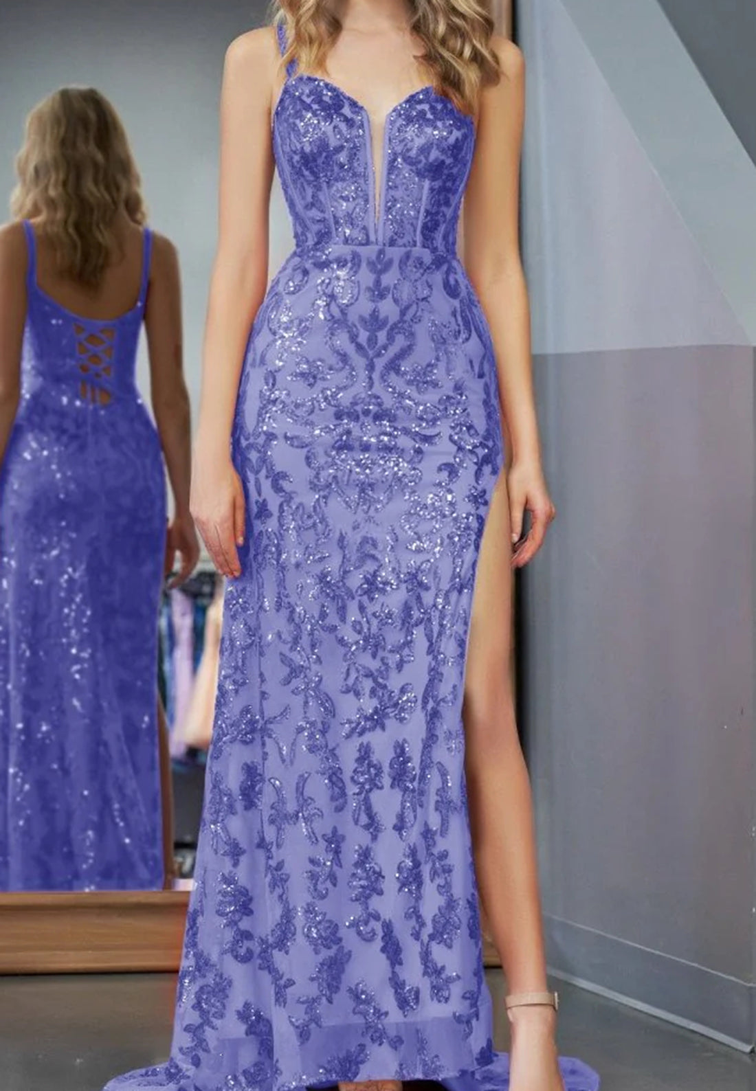 V-Neck Spaghetti Straps Appliques Sheath Prom Dress