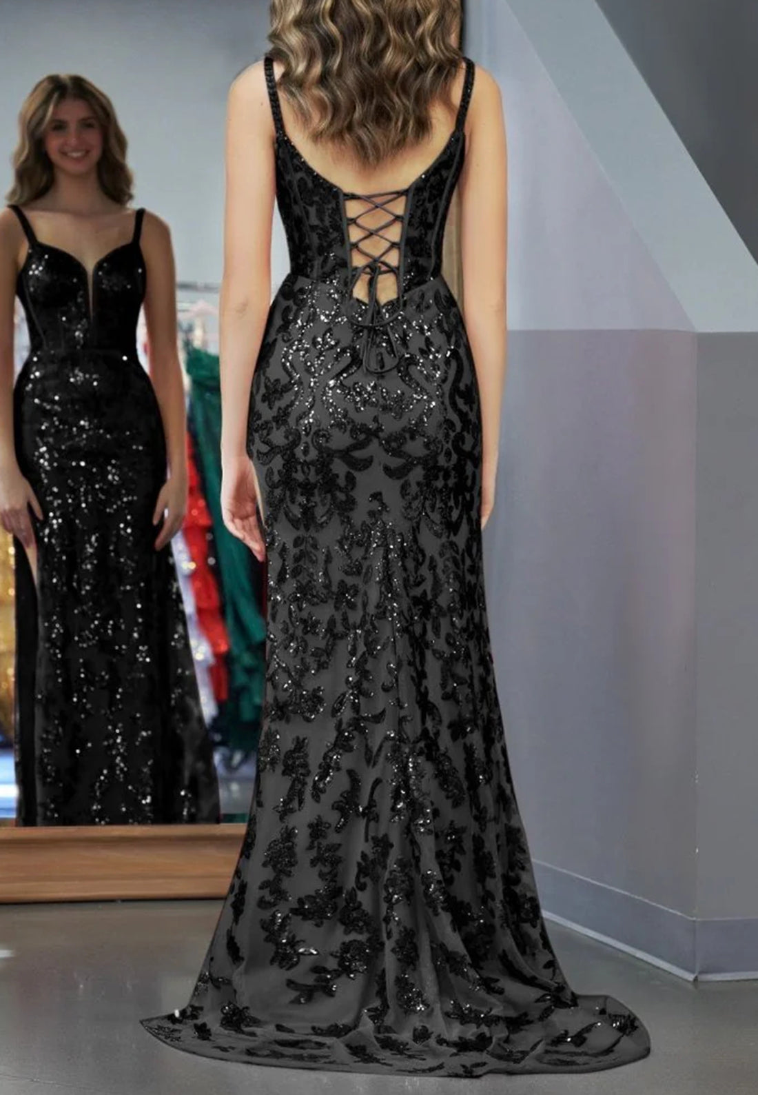 V-Neck Spaghetti Straps Appliques Sheath Prom Dress