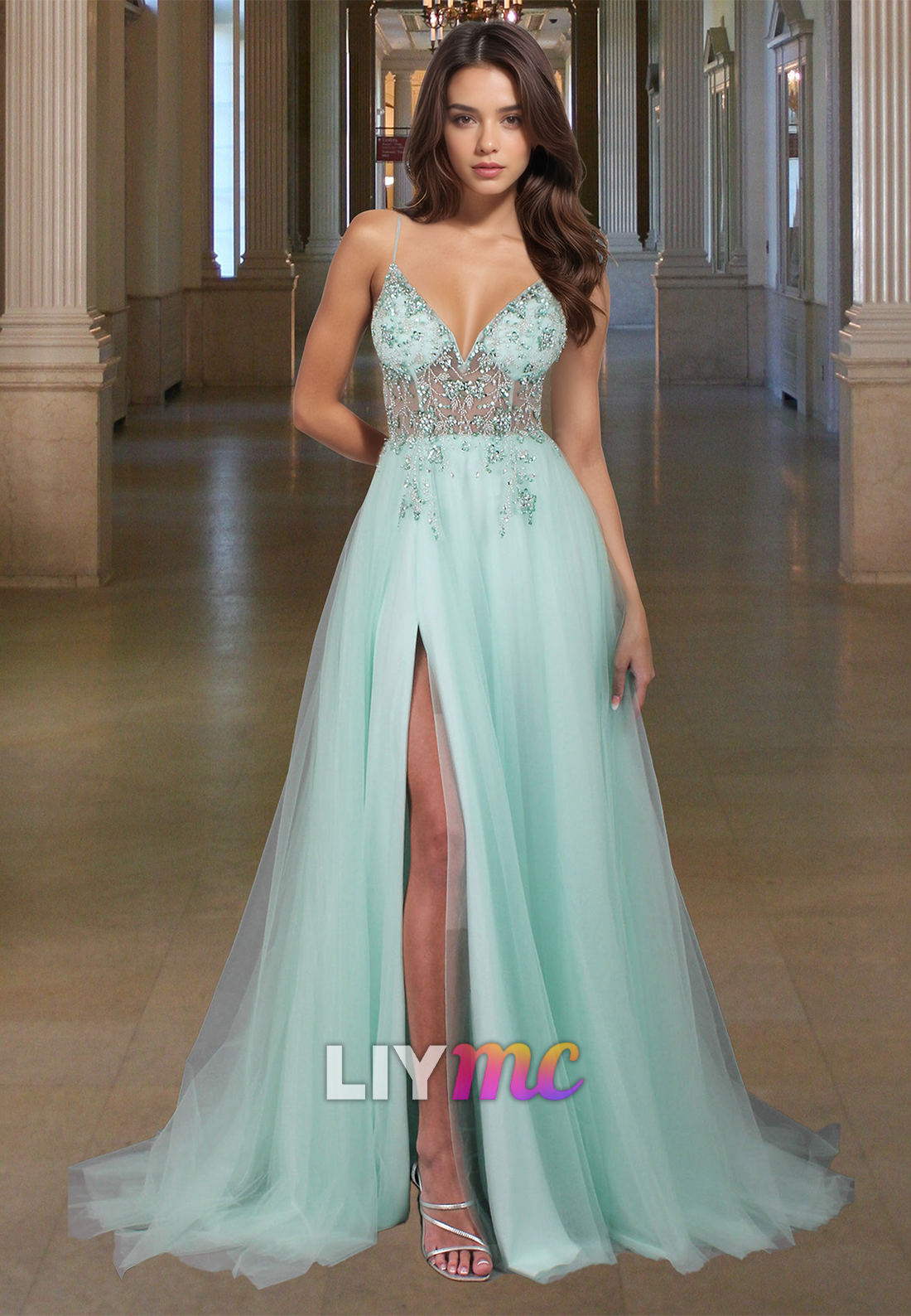 V-Neck Spaghetti Straps Appliques Tulle A-Line Prom Dress