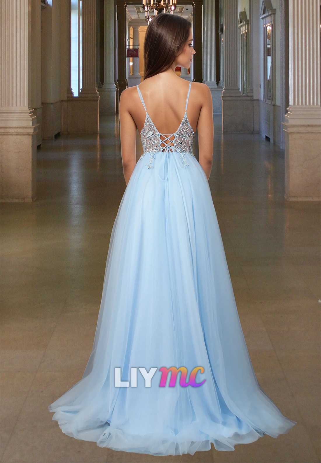 V-Neck Spaghetti Straps Appliques Tulle A-Line Prom Dress