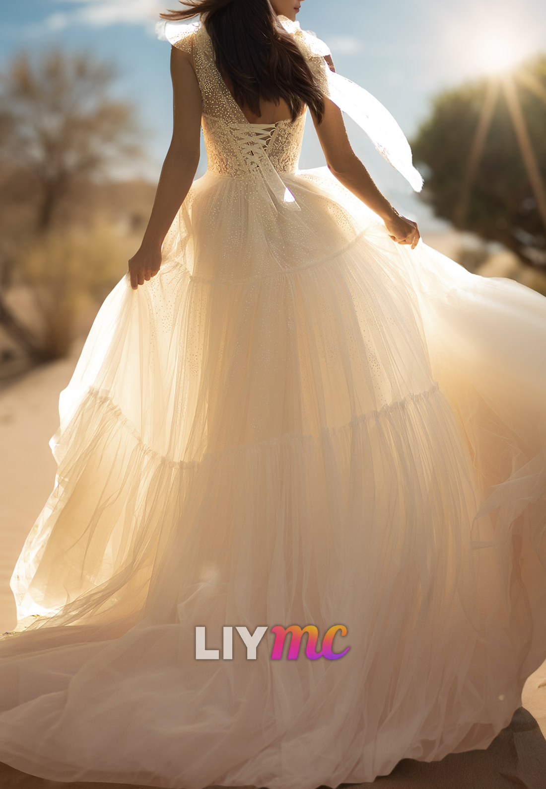 V-Neck Spaghetti Straps Appliques Tulle A-Line Wedding Dress