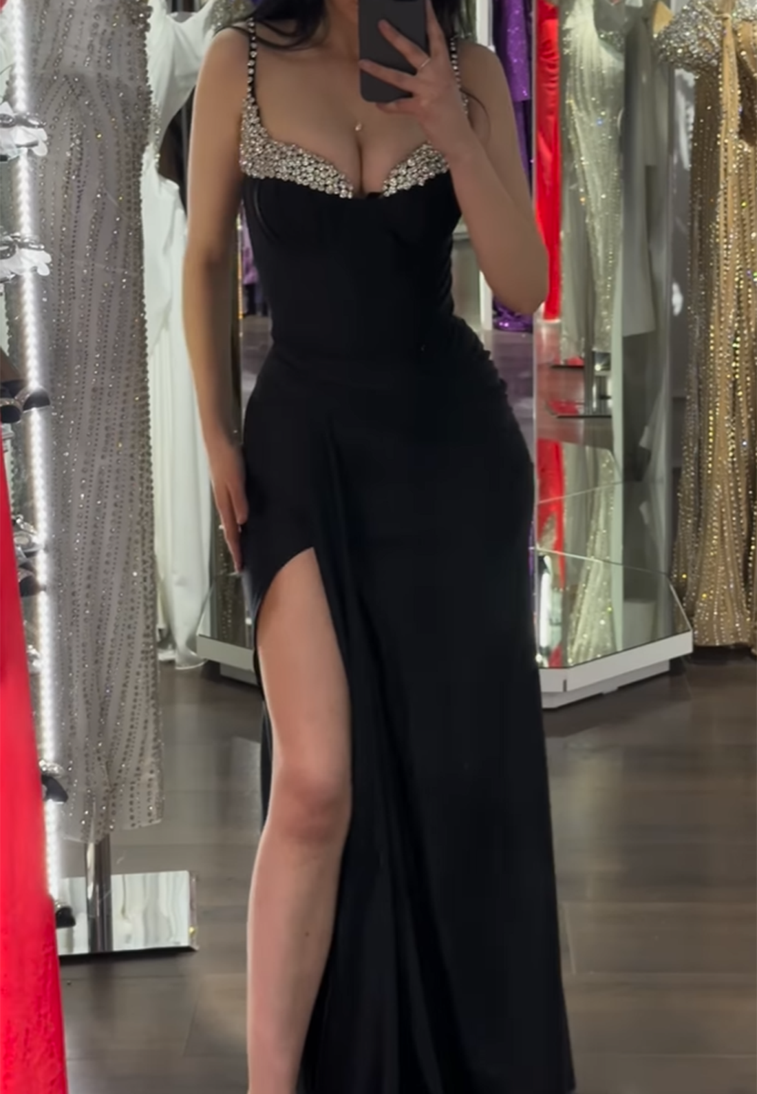 V-Neck Spaghetti Straps Beaded Ruched Side Slit Sheath Prom Dress