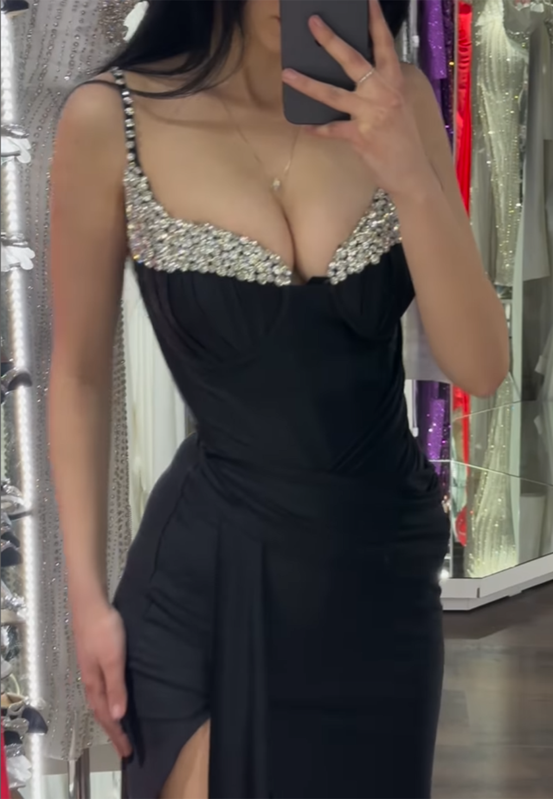 V-Neck Spaghetti Straps Beaded Ruched Side Slit Sheath Prom Dress