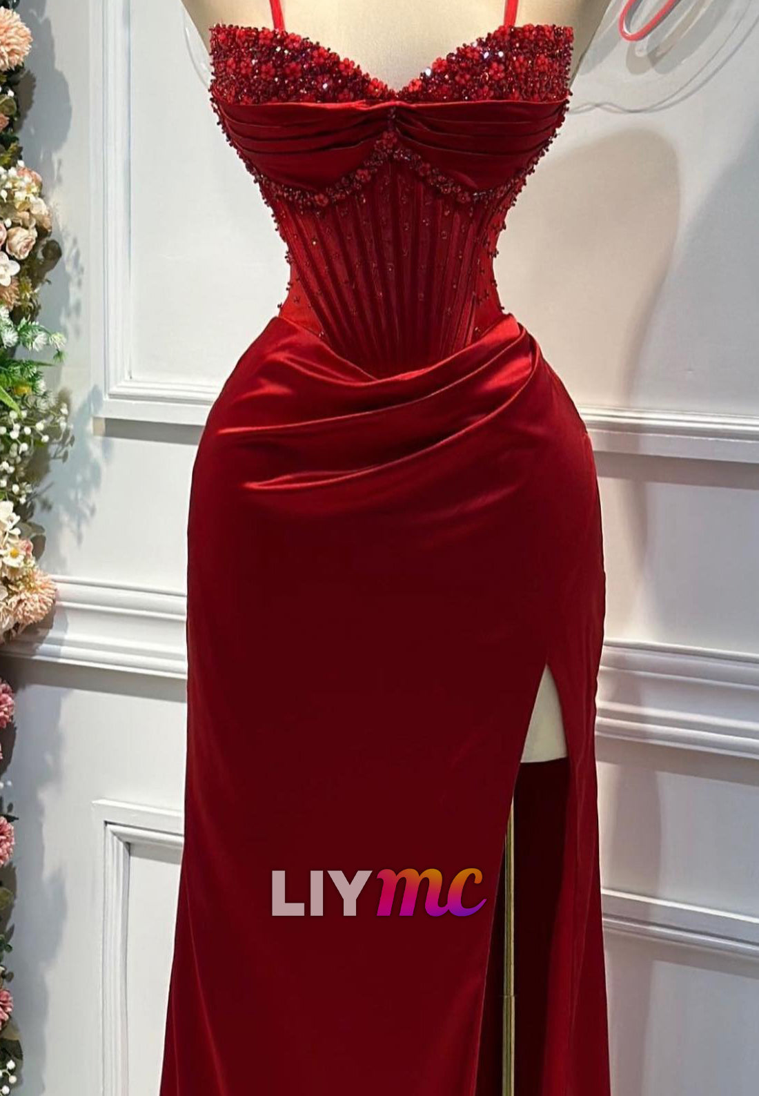 V-Neck Removable Spaghetti Straps Beaded Sheath Prom Dress