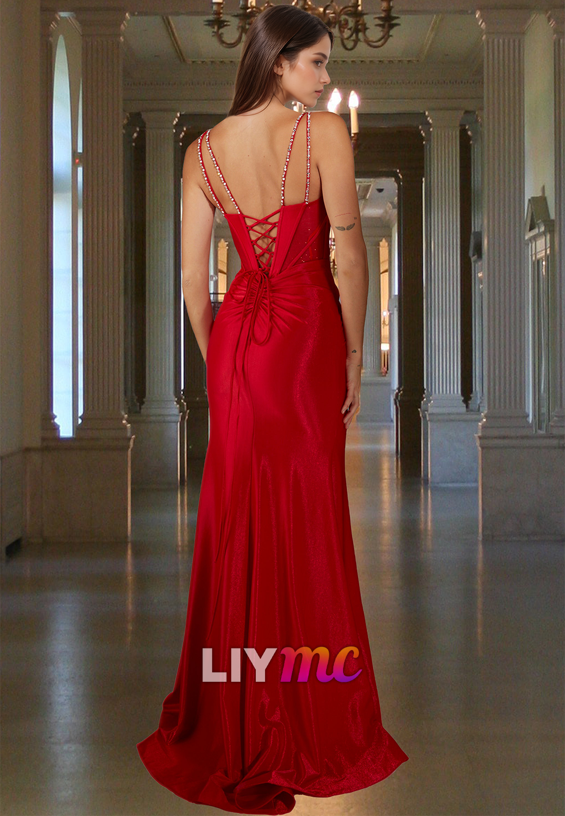 V-Neck Spaghetti Straps Beaded Sleek Side Slit Sheath Prom Dress
