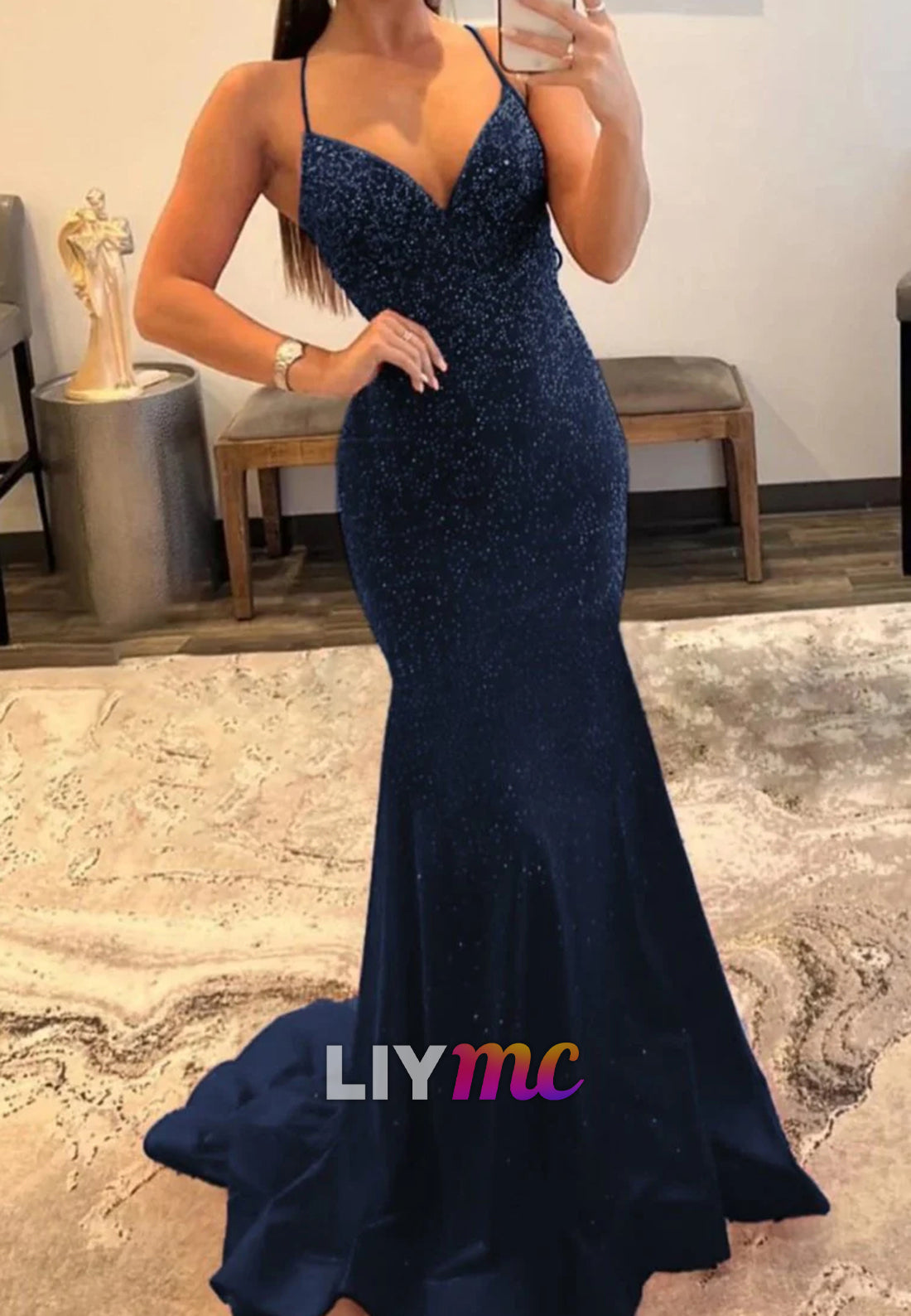 V-Neck Spaghetti Straps Beaded Sparkly Mermaid Prom Dress