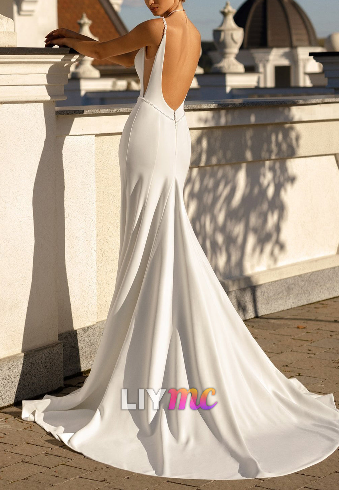 V-Neck Spaghetti Straps Blackless Sleek Mermaid Wedding Dress
