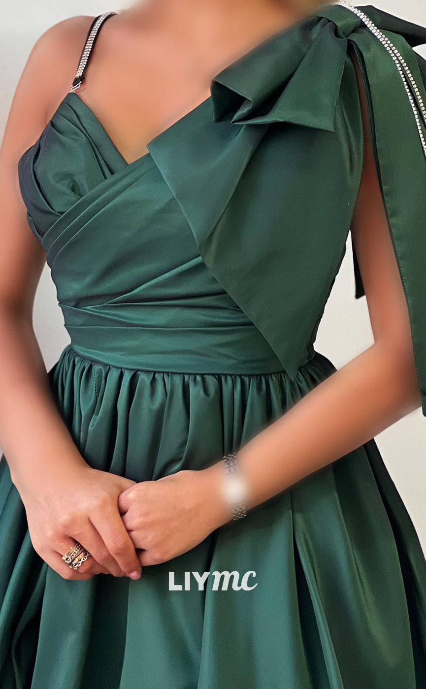 M1108 - V-Neck Spaghetti Straps Bowknots Pleated Side Slit A-Line Wedding Guest Dress