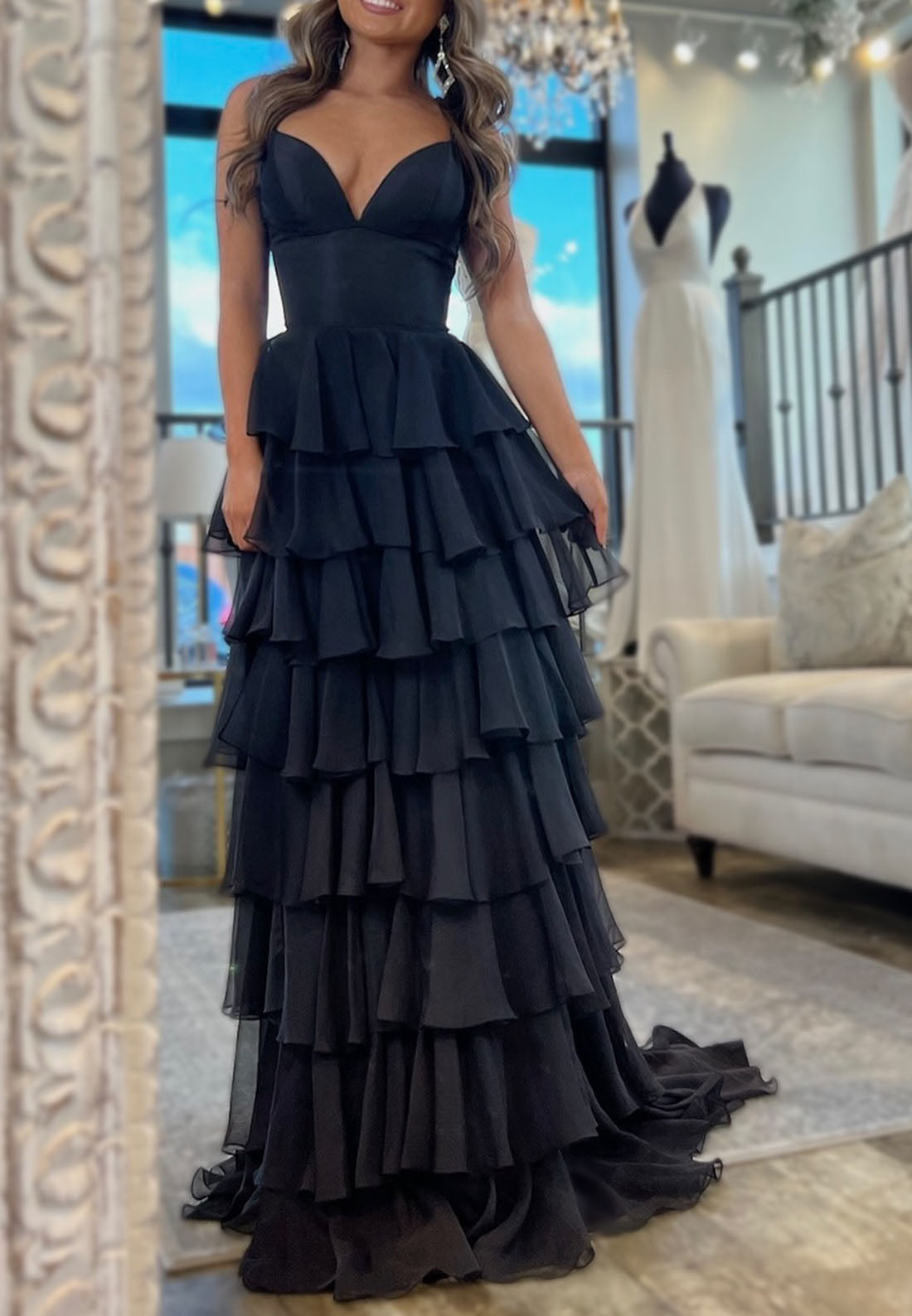 V-Neck Spaghetti Straps Chiffon Tiered A-Line Prom Dress