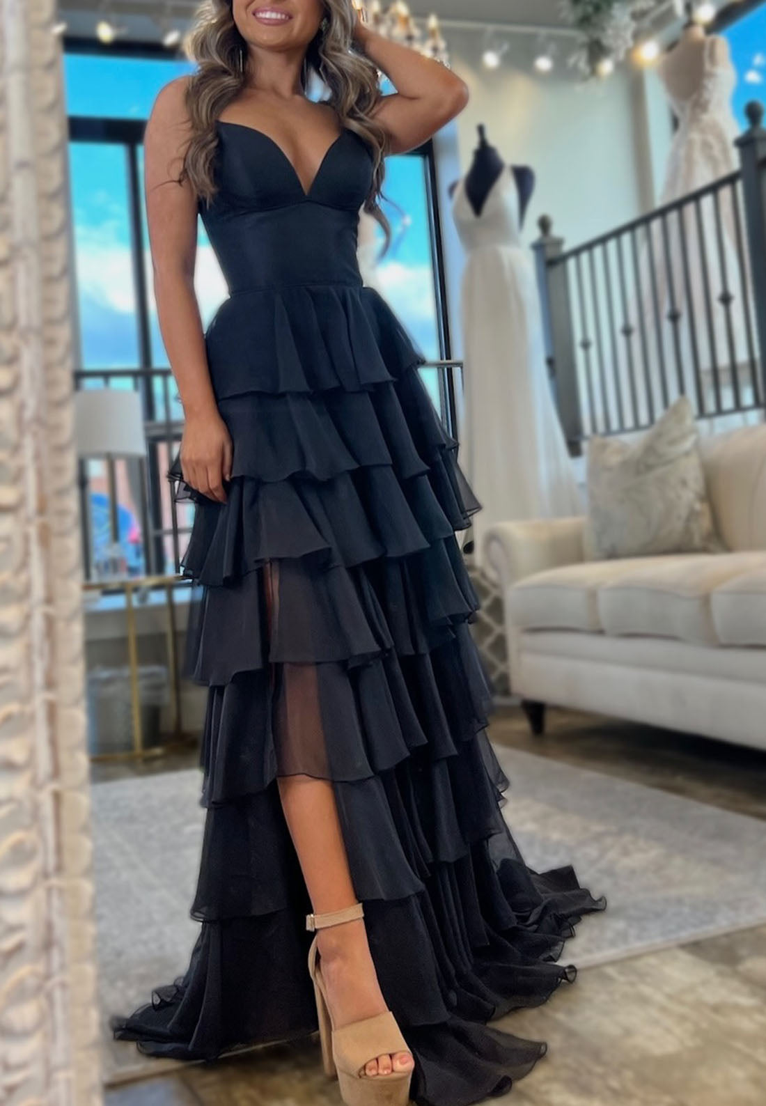 V-Neck Spaghetti Straps Chiffon Tiered A-Line Prom Dress