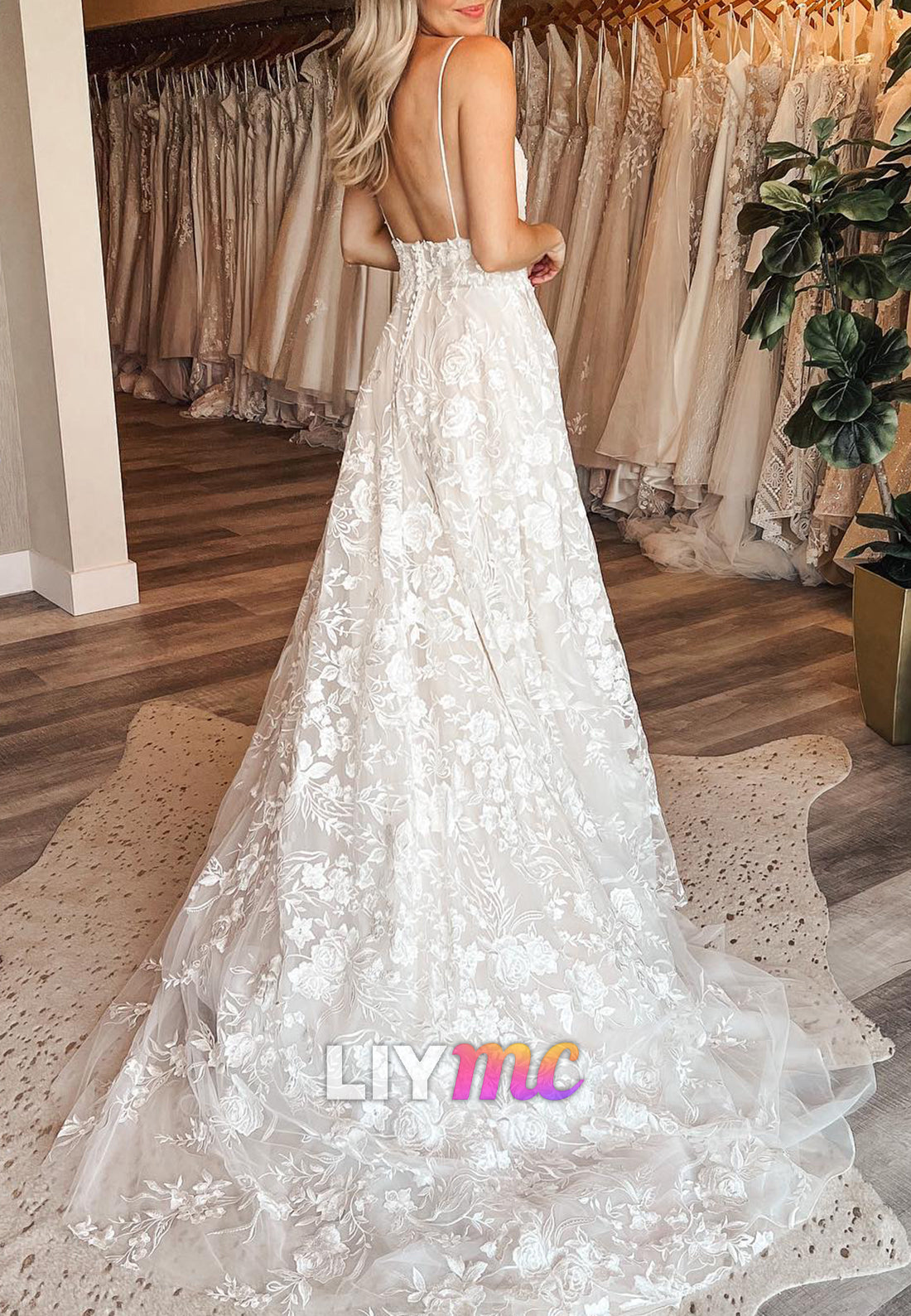 V-Neck Spaghetti Straps Empire Waist Appliques A-Line Wedding Dress