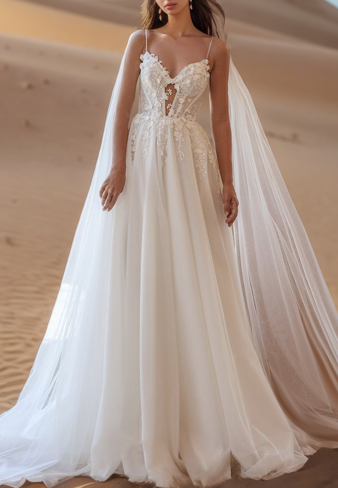 V-Neck Spaghetti Straps Floral Appliques A-Line Wedding Dress