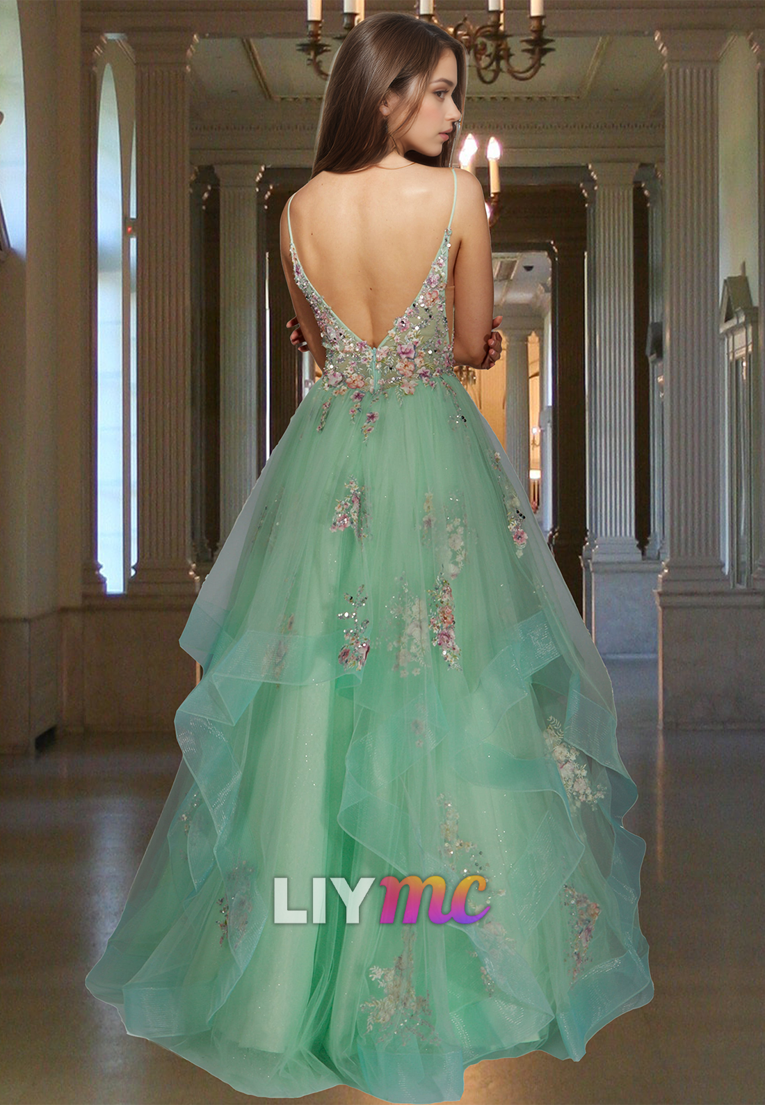 V-Neck Spaghetti Straps Floral Appliques Ball Gown Prom Dress