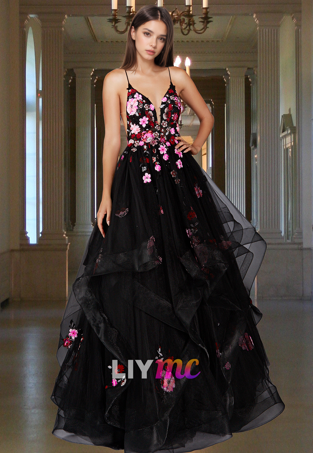 V-Neck Spaghetti Straps Floral Appliques Ball Gown Prom Dress