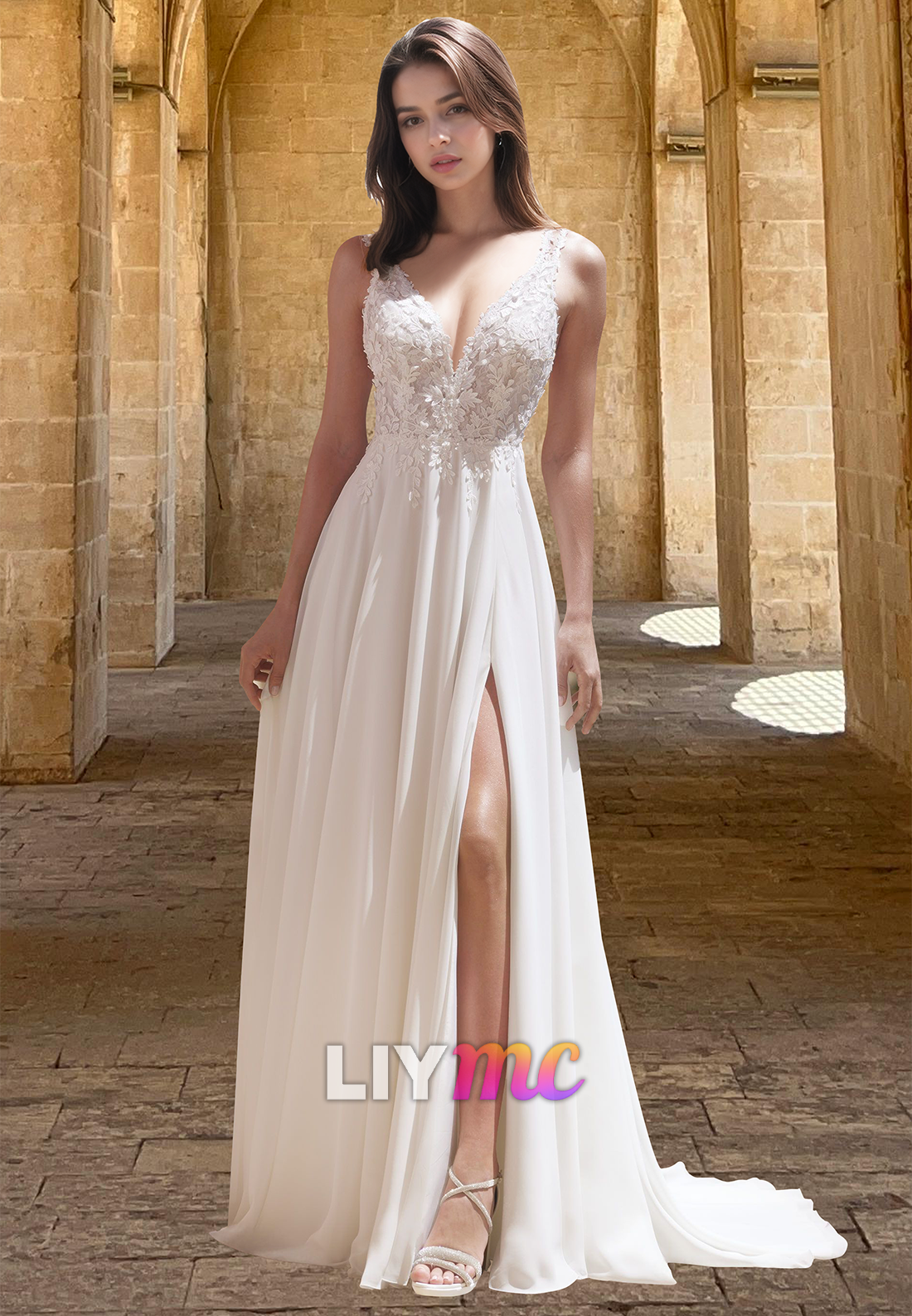 V-Neck Spaghetti Straps Floral Appliques Chiffon A-Line Beach Wedding Dress