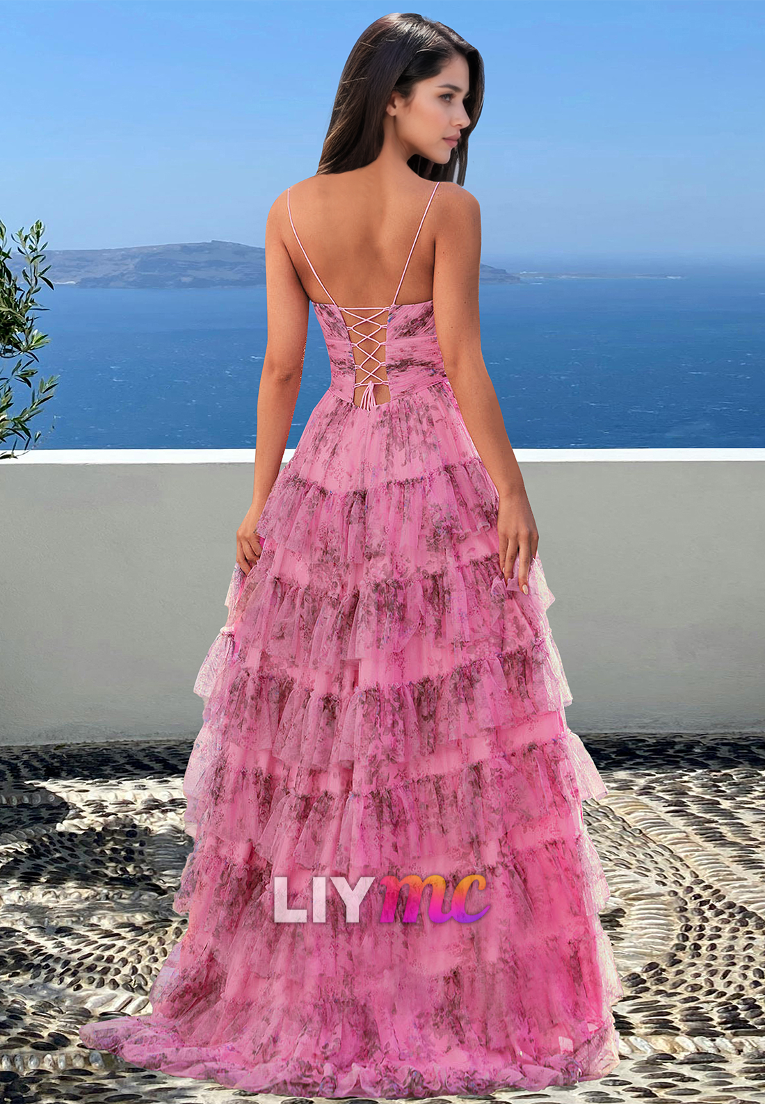 V-Neck Spaghetti Straps Floral Tiered A-Line Prom Dress