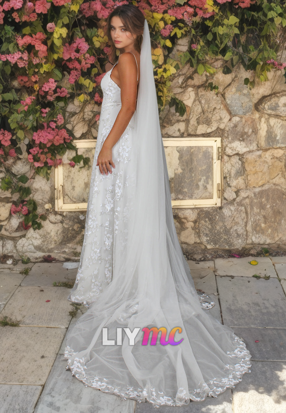 LW069 - Elegant Spaghetti Straps Lace Satin A Line Long Wedding Dress With Slit