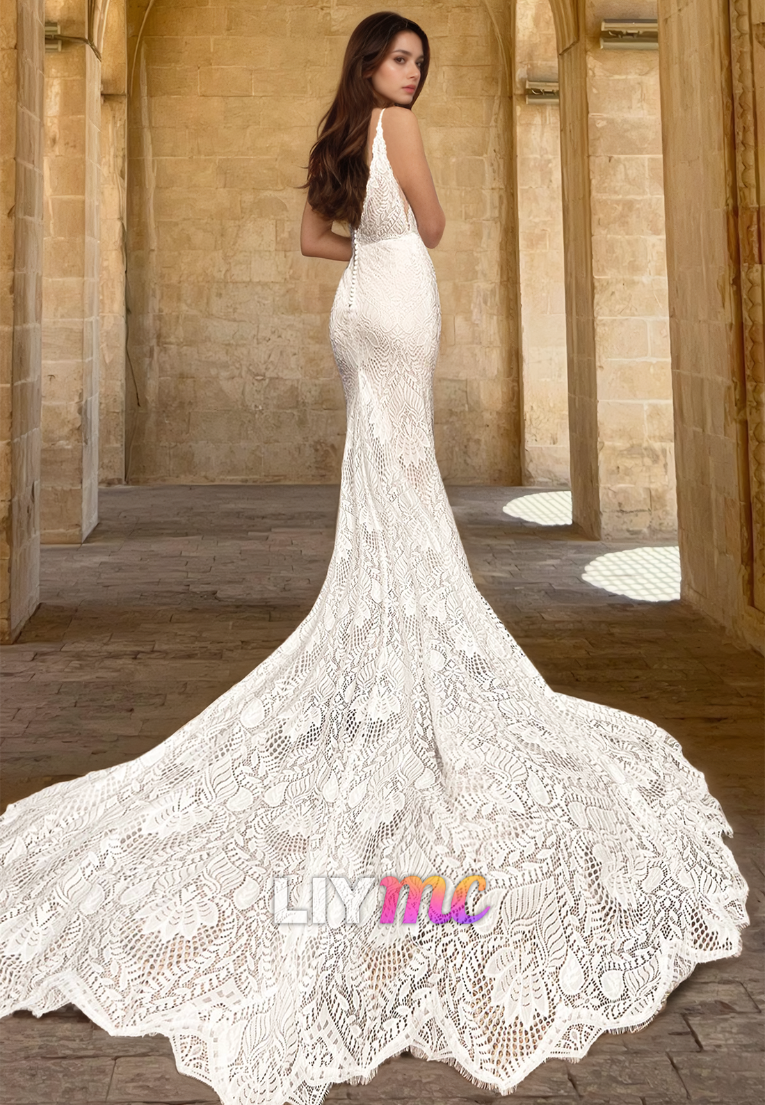 V-Neck Spaghetti Straps Lace Appliques Mermaid Boho Weedding Dress
