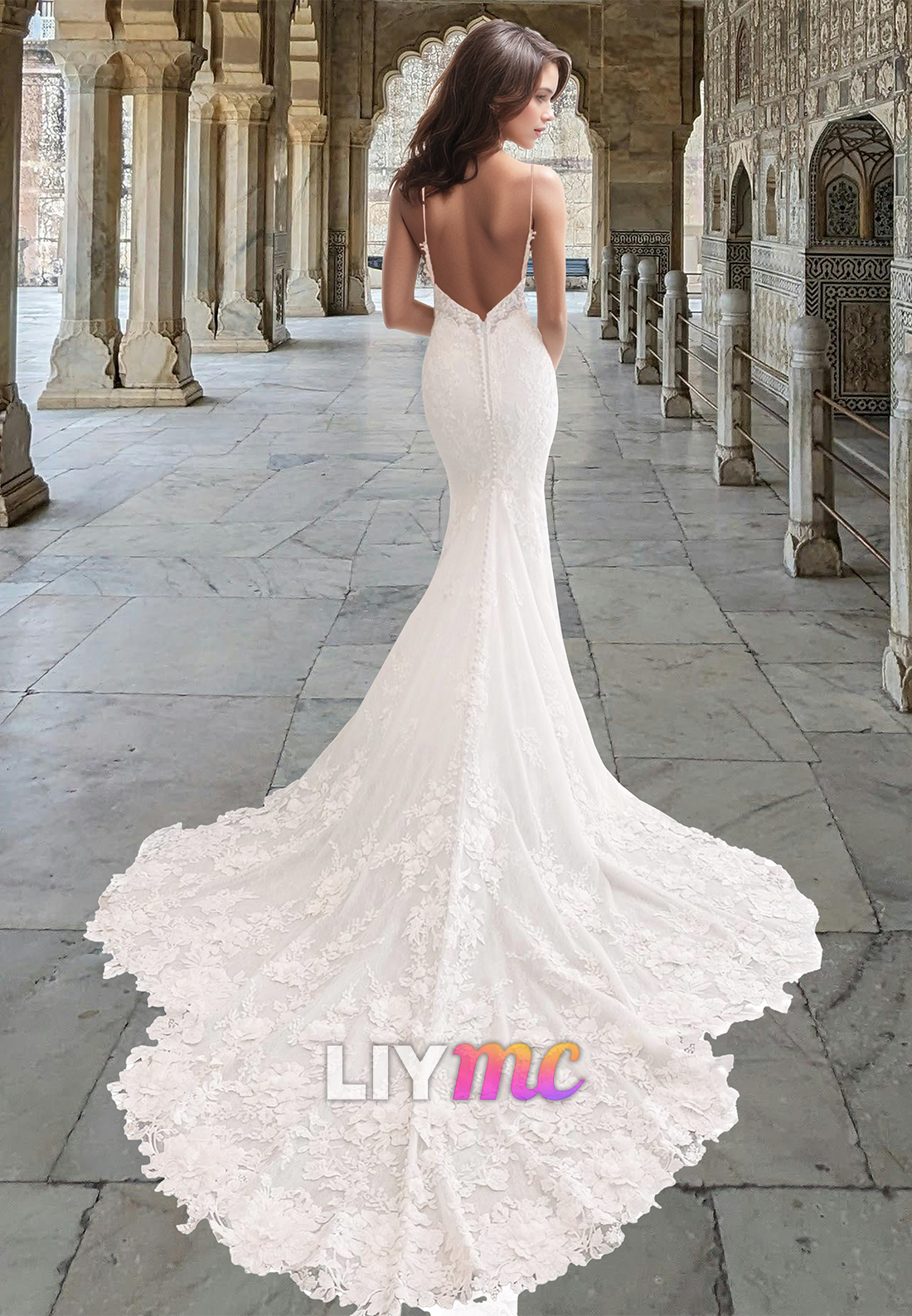LW026 - Romantic Lace Wedding Dress Deep V neck Mermaid Wedding Gown