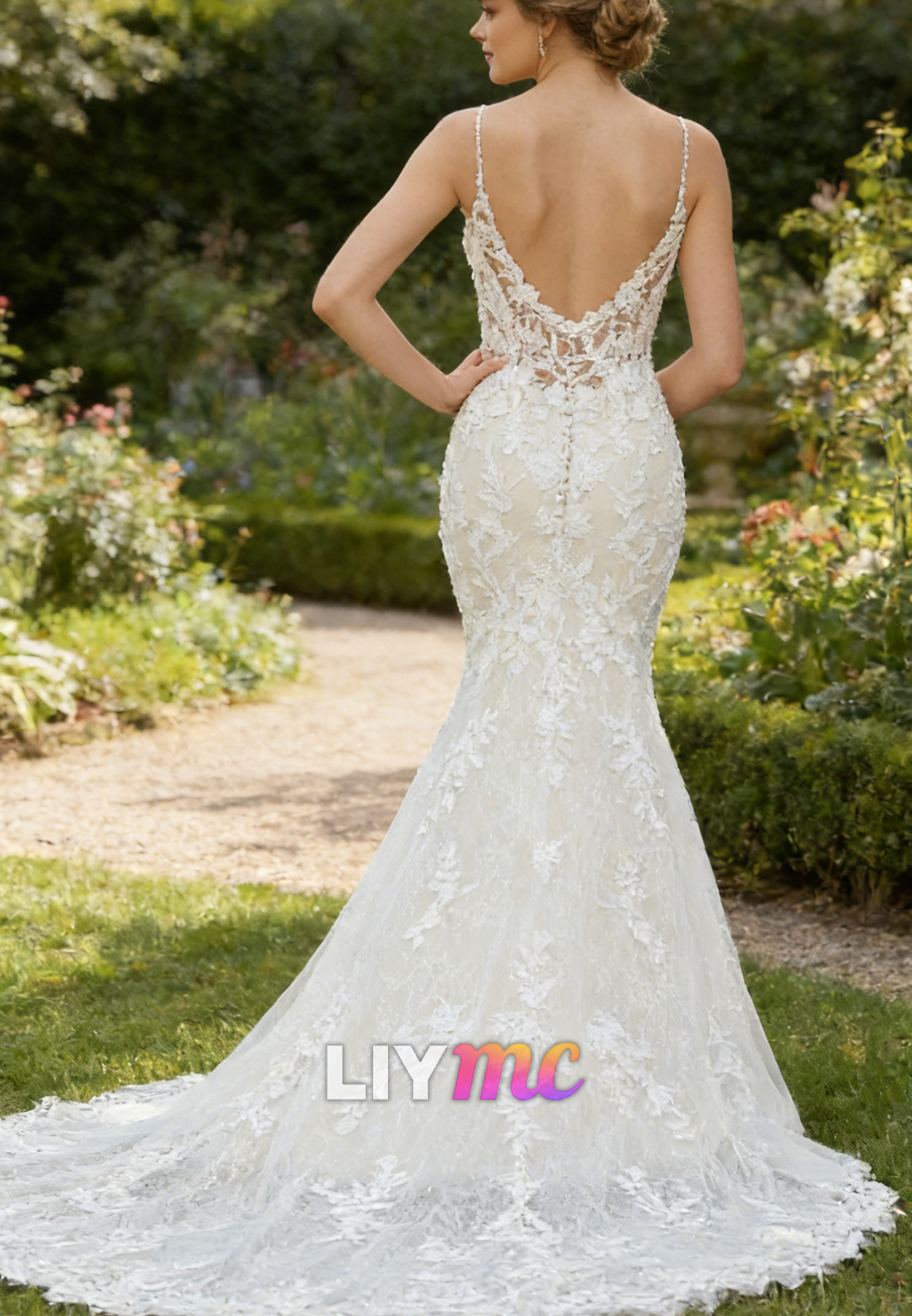 V-Neck Spaghetti Straps Lace Appliques Mermaid Wedding Dress