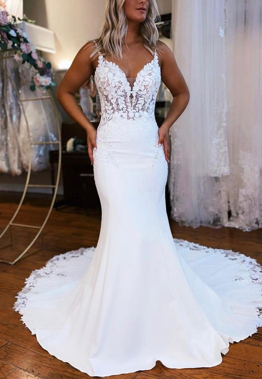 LW056 - Elegant Mermaid/Trumpet Spaghetti Straps Lace Satin Long Wedding Dress