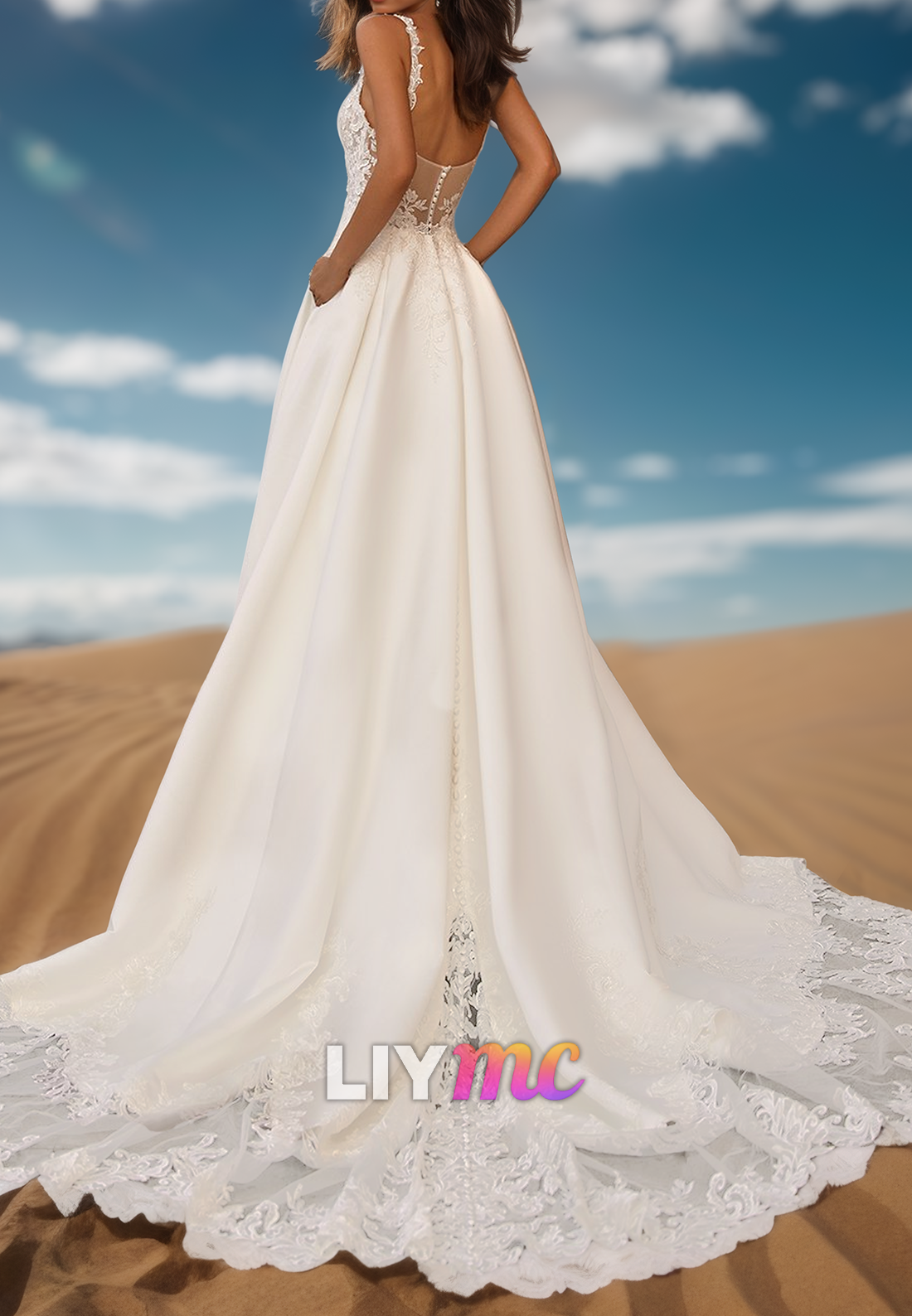 V-Neck Spaghetti Straps Lace Appliques Satin A-Line Wedding Dress