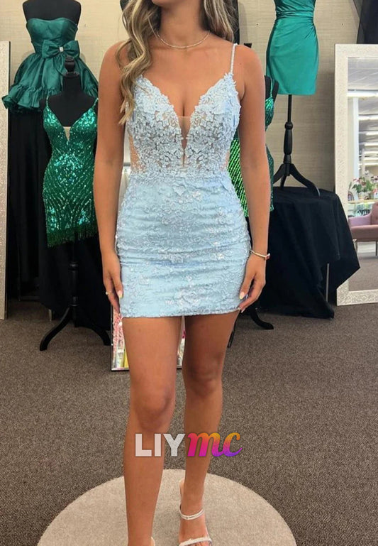 V-Neck Spaghetti Straps Lace Appliques Sheath Party Homecoming Dress