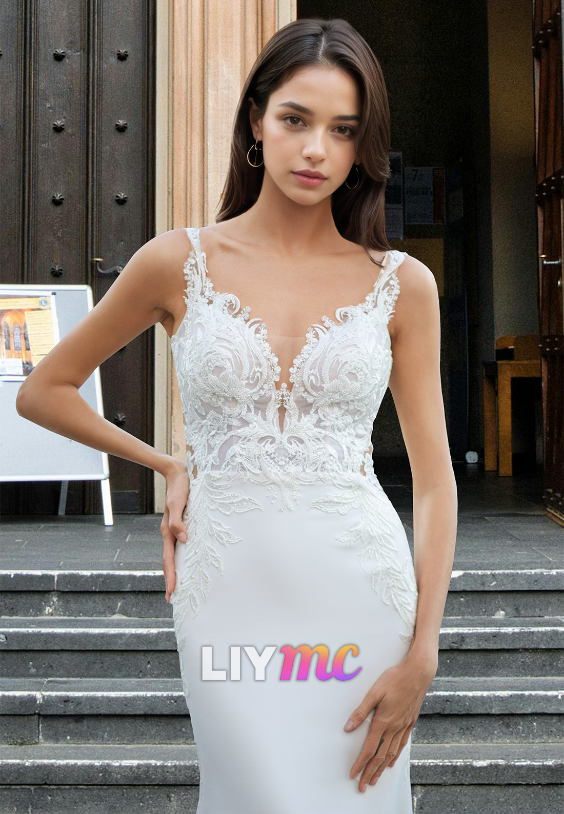 V-Neck Spaghetti Straps Lace Appliques Sleek Mermaid Beach Wedding Dress