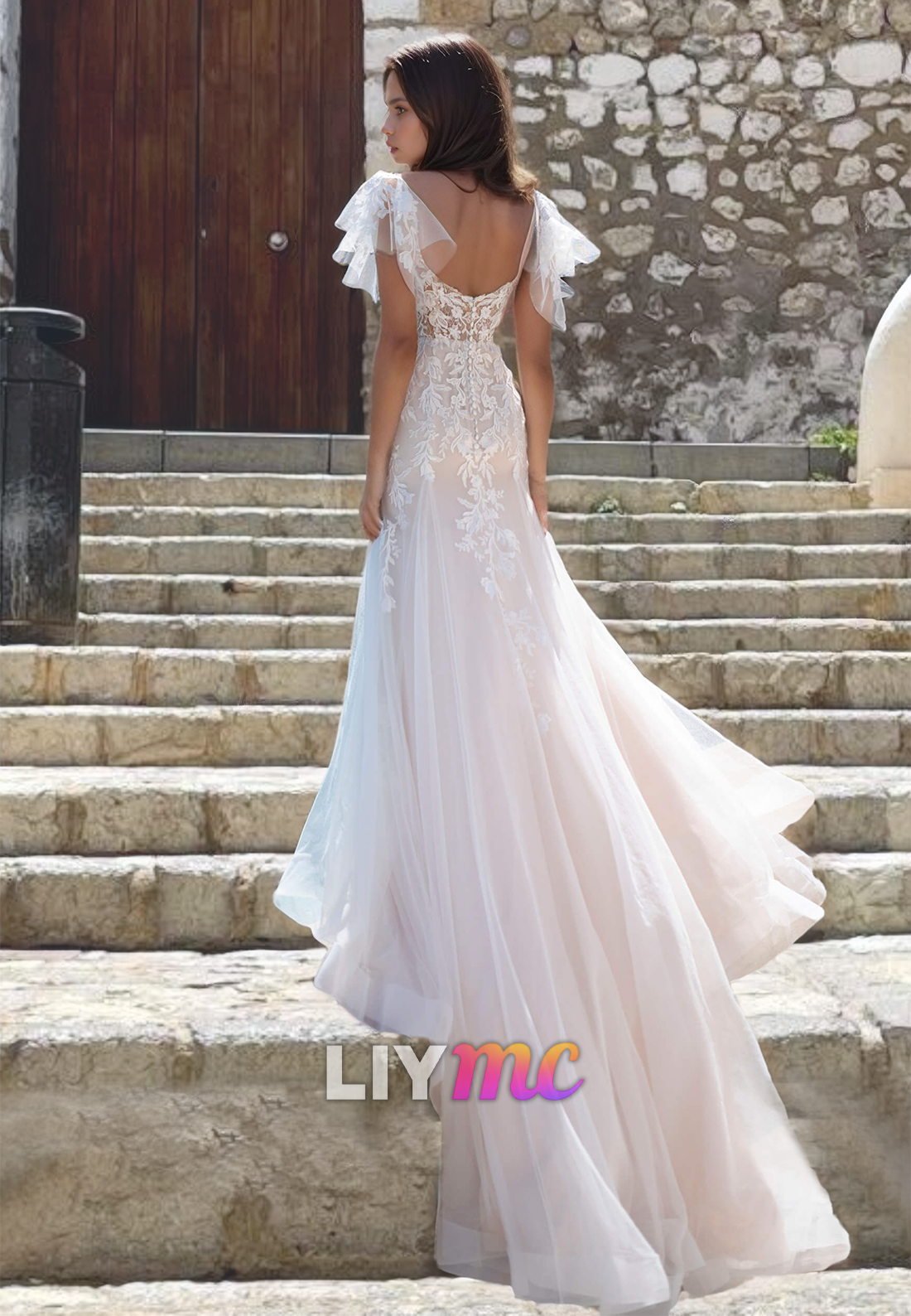 V-Neck Spaghetti Straps Lace Appliques Tulle A-Line Wedding Dress