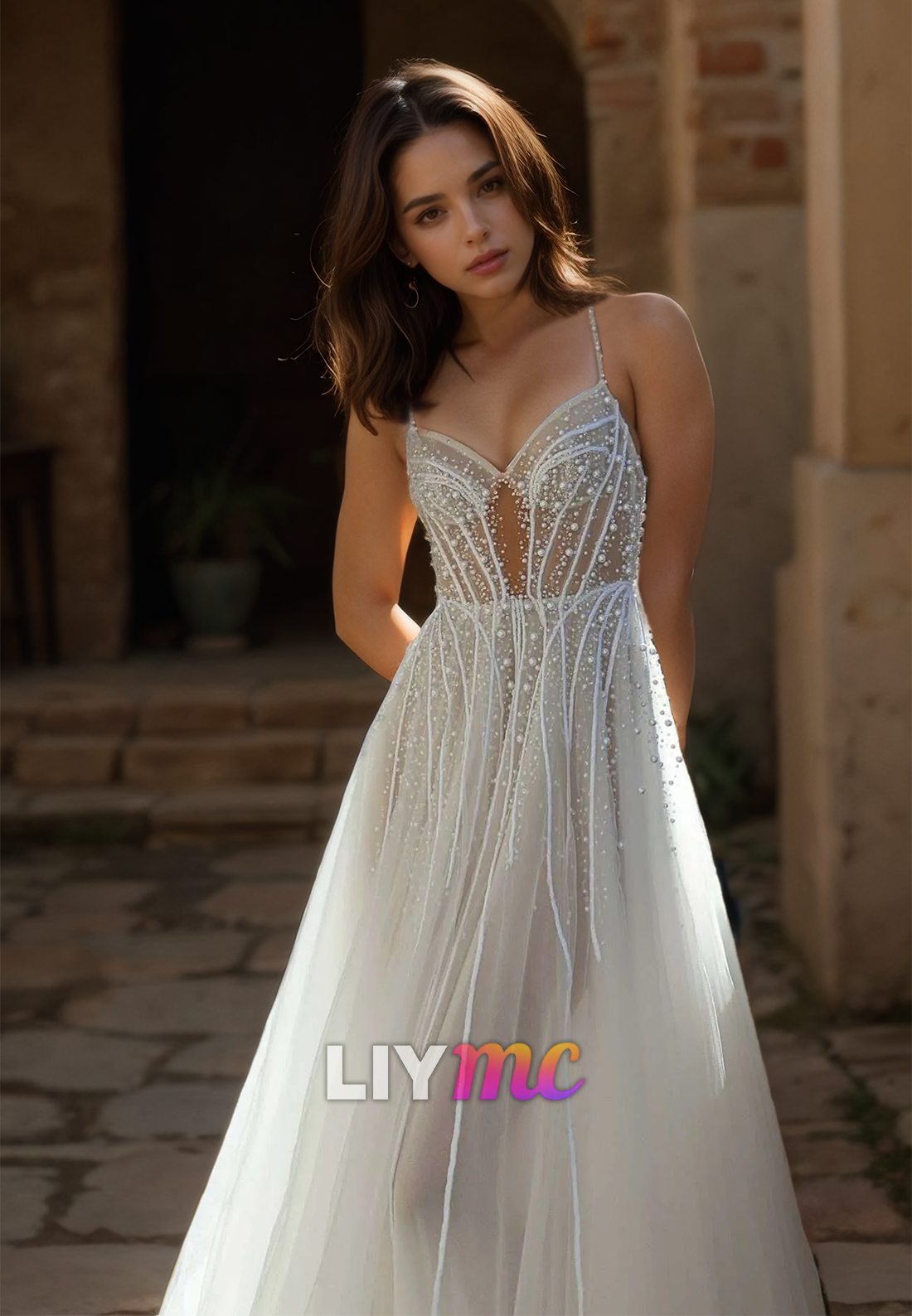 V-Neck Spaghetti Straps Pearl Beaded Tulle Beach Wedding Dress