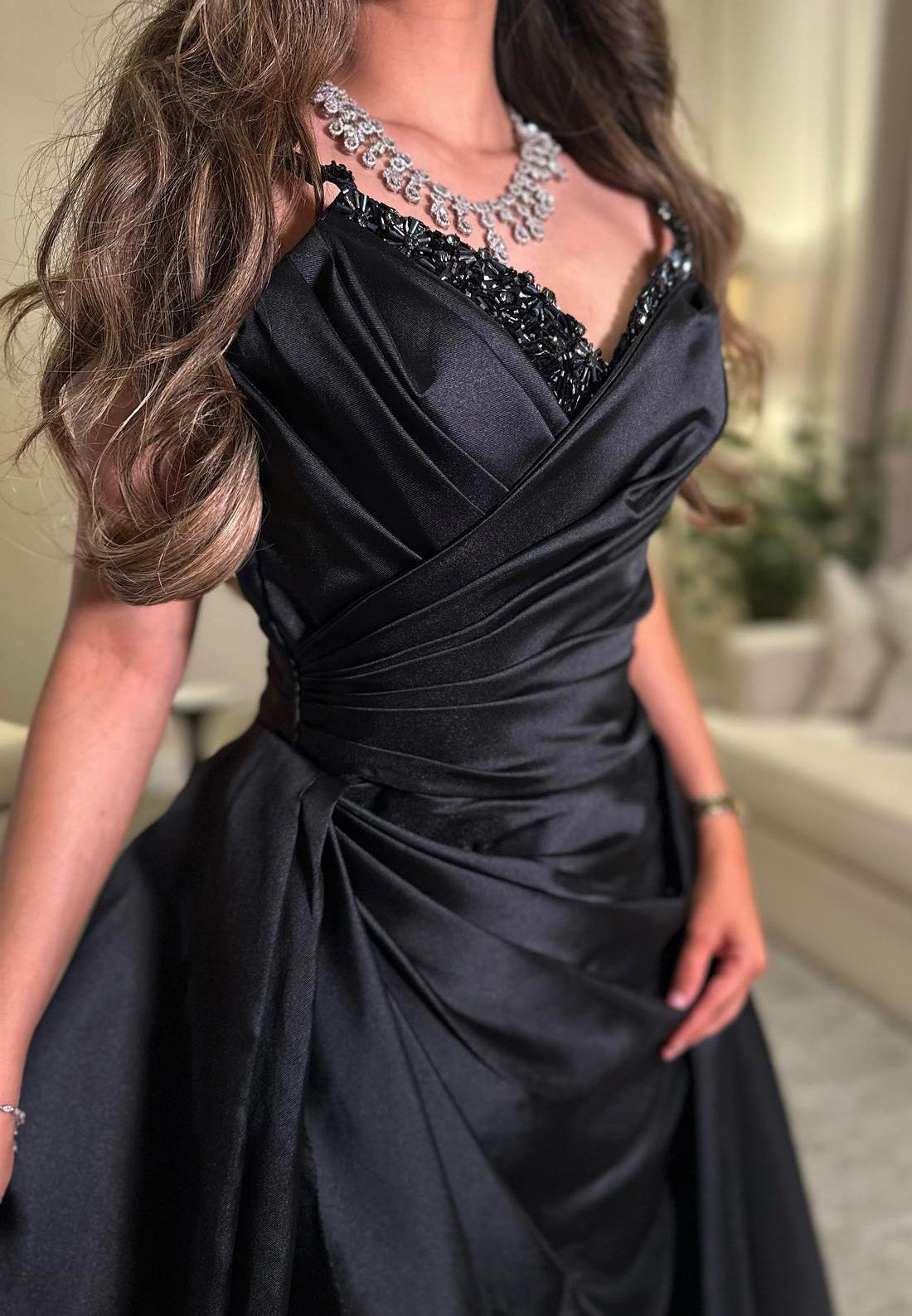 V-Neck Spaghetti Straps Pleated Sheath Evening Dress
