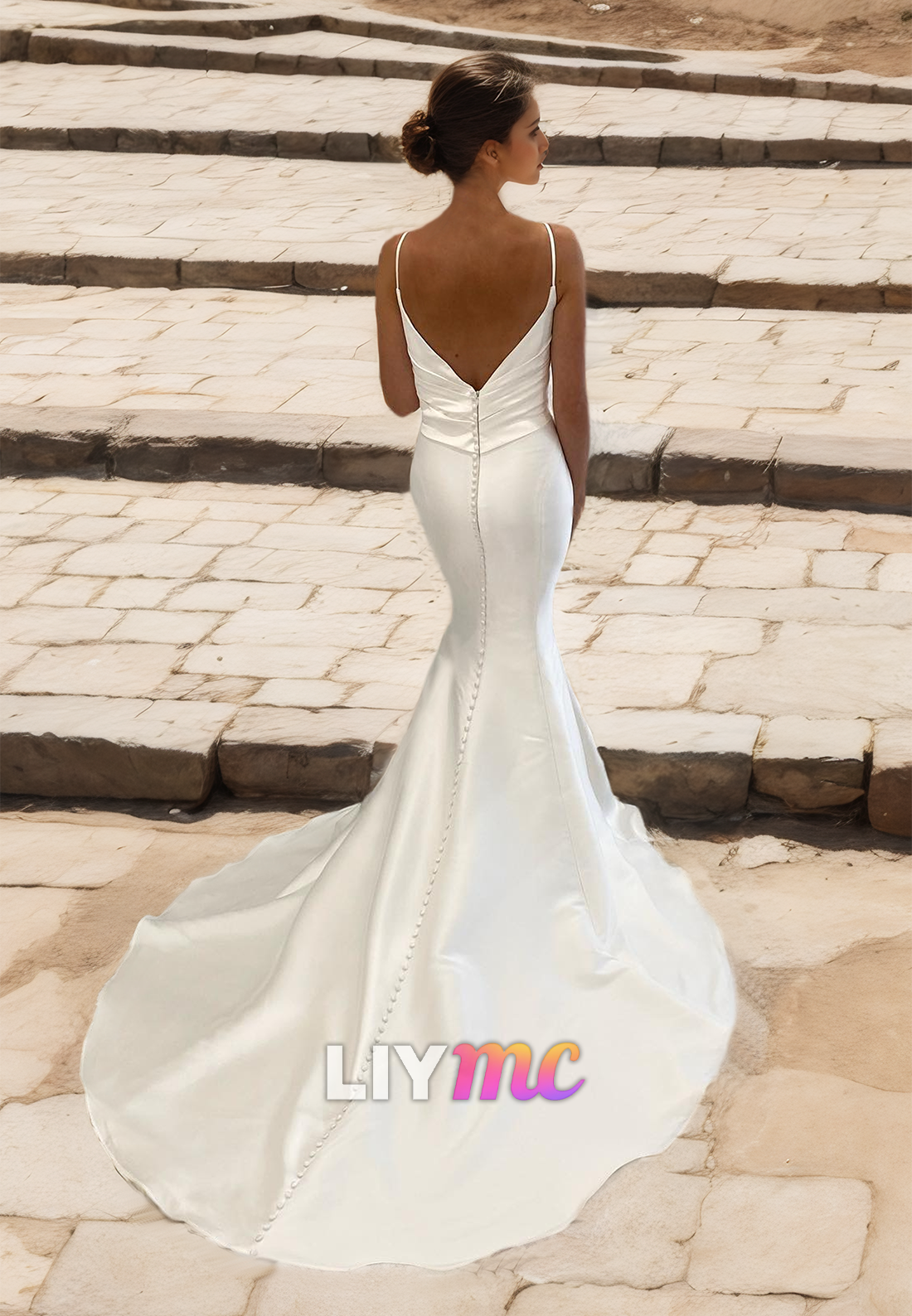 V-Neck Spaghetti Straps Pleated Sleek Mermaid Beach Wedding Dress