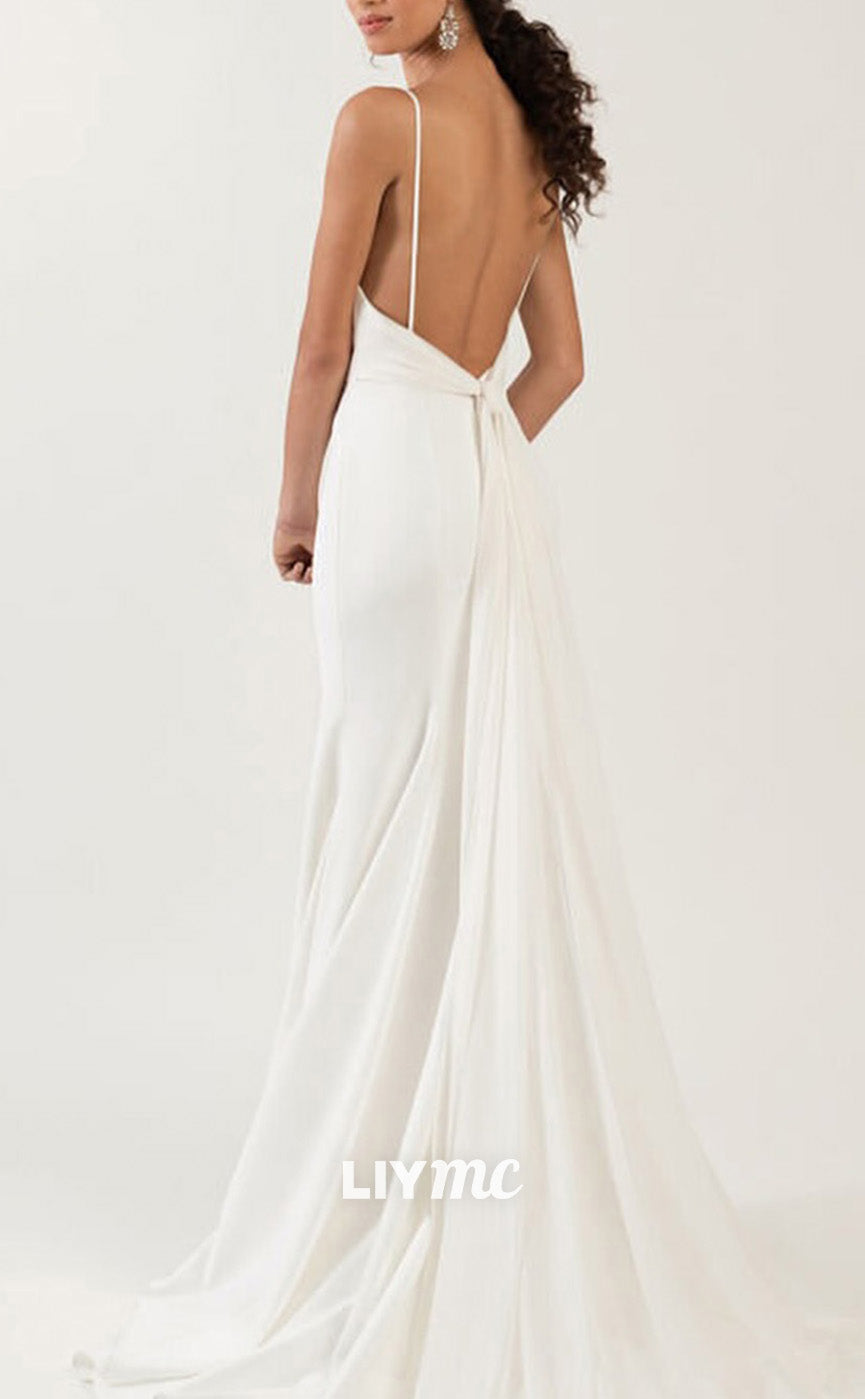 LW849 - V-Neck Spaghetti Straps Pleated Sleek Satin Beach Wedding Dress