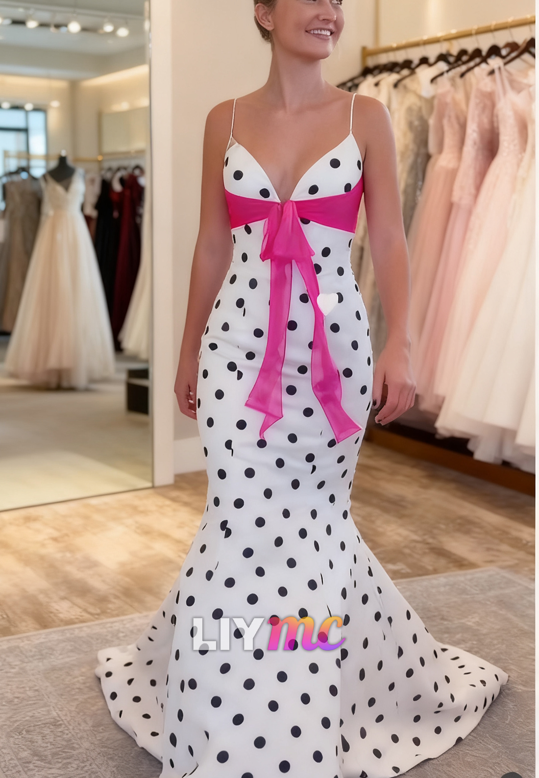 V-Neck Spaghetti Straps Polka Dots Mermaid Prom Dress