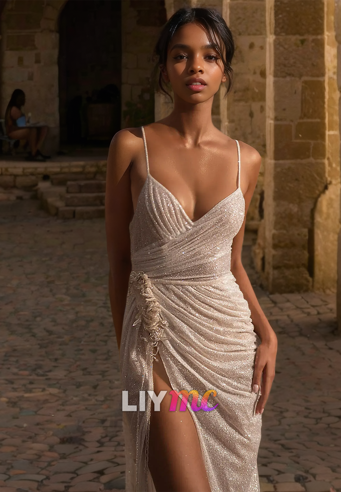 V-Neck Spaghetti Straps Ruched High Slit Sheath Beach Wedding Dress