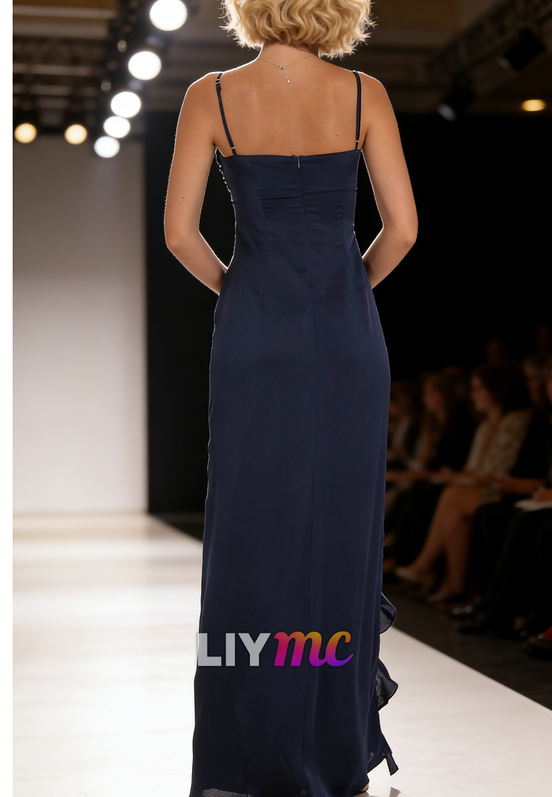 V-Neck Spaghetti Straps Ruffles Side Slit Sheath Prom Dress