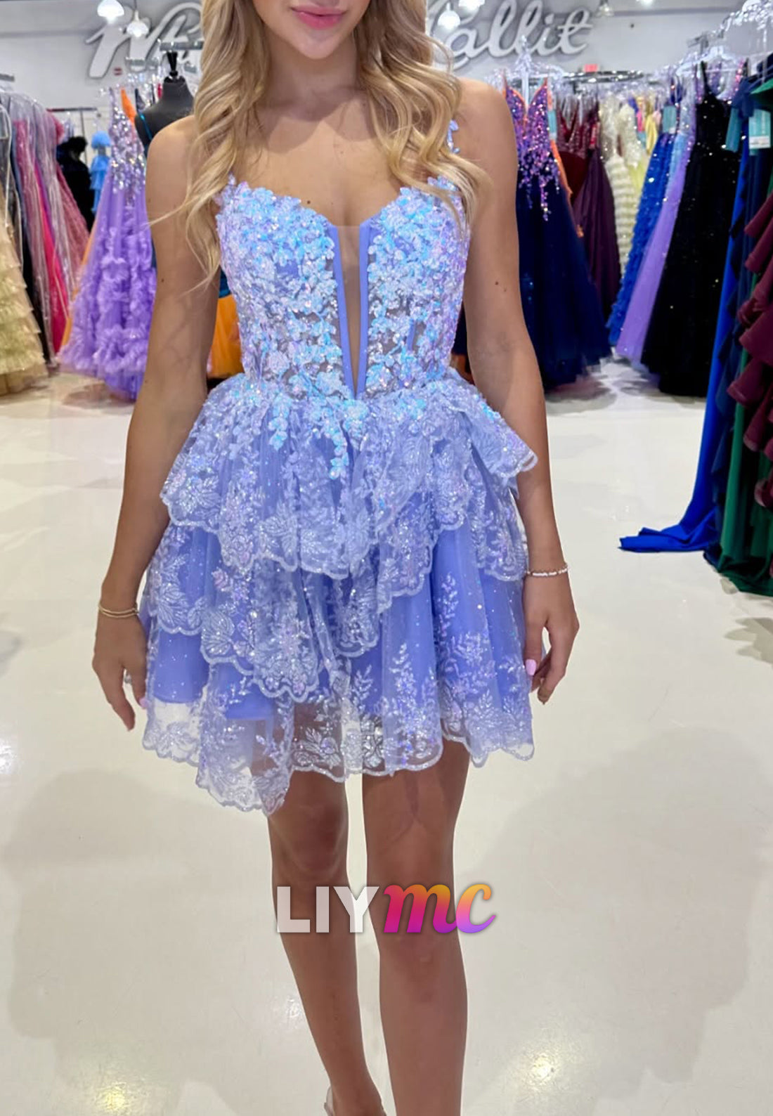 V-Neck Spaghetti Straps Sequins Appliques A-Line Homecoming Dress