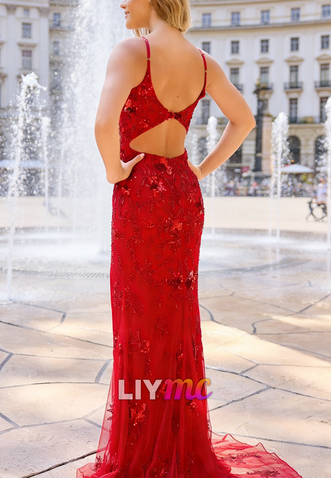 V-Neck Spaghetti Straps Sequins Appliques Mermaid Prom Dress