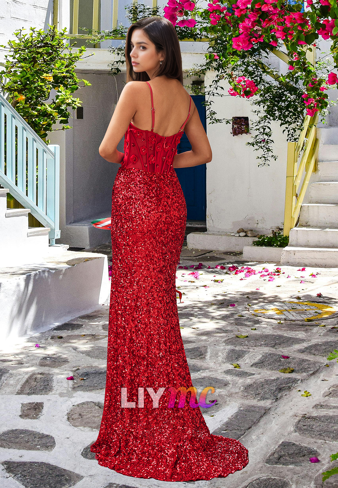 V-Neck Spaghetti Straps Sequins Pleated Beaded Sheath Prom Dress