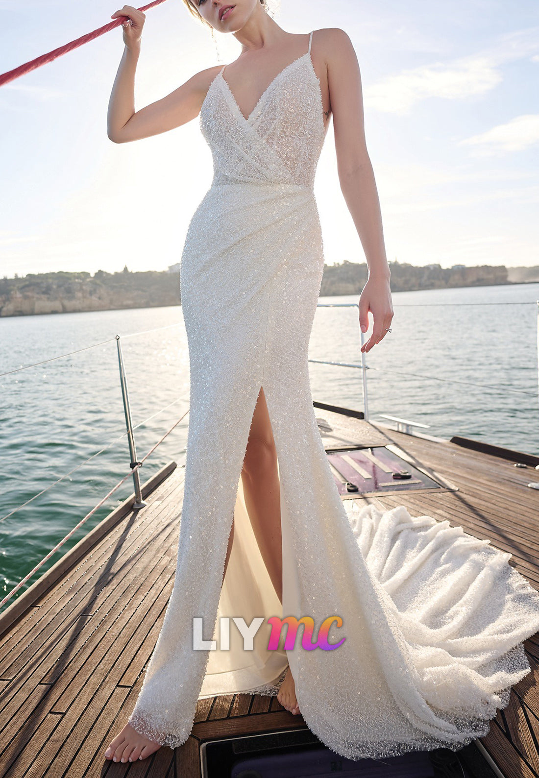 V-Neck Spaghetti Straps Sequins Sheath Beach Wedding Dress