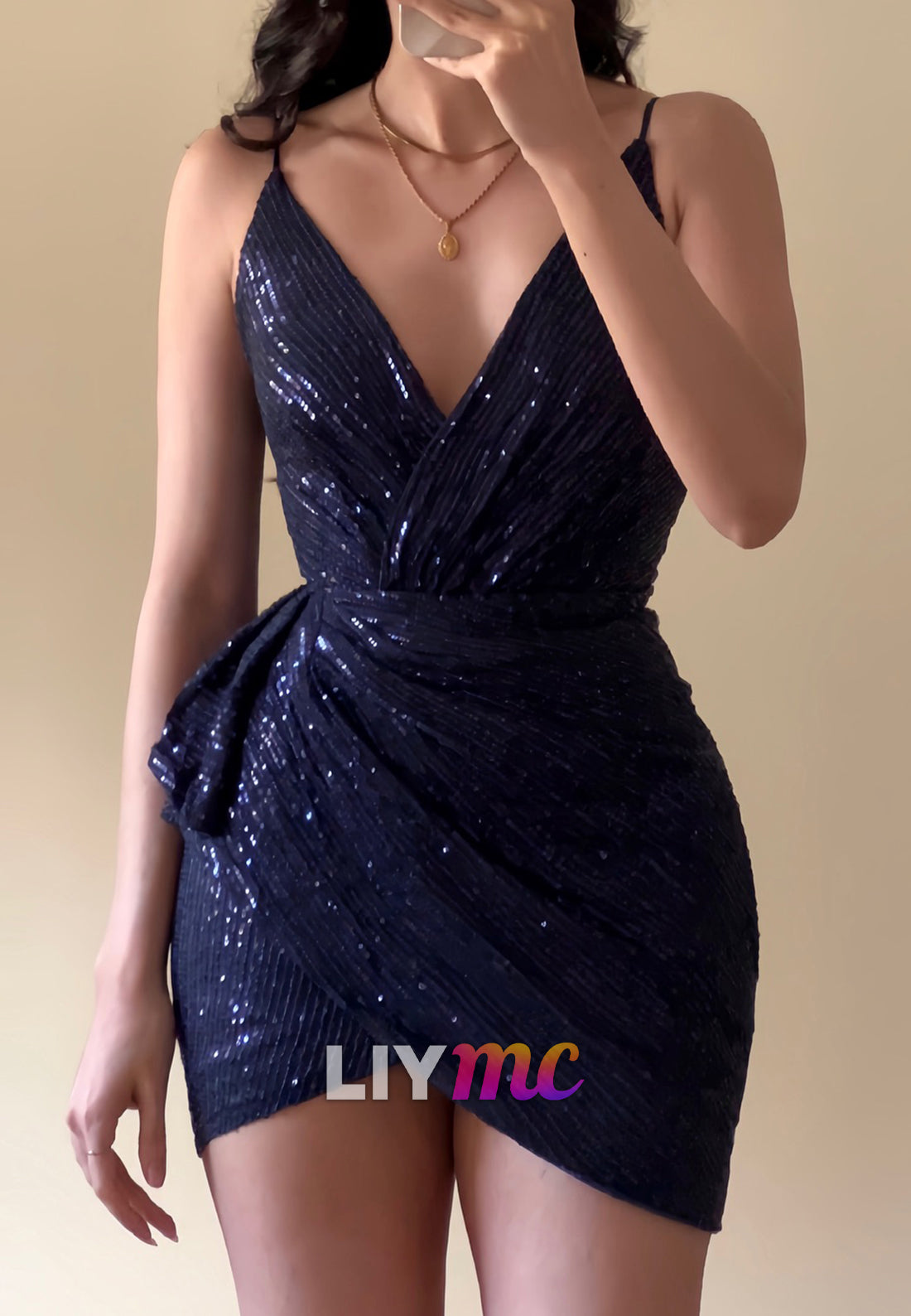 V-Neck Spaghetti Straps Sequins Sheath Party Homecoming Dress