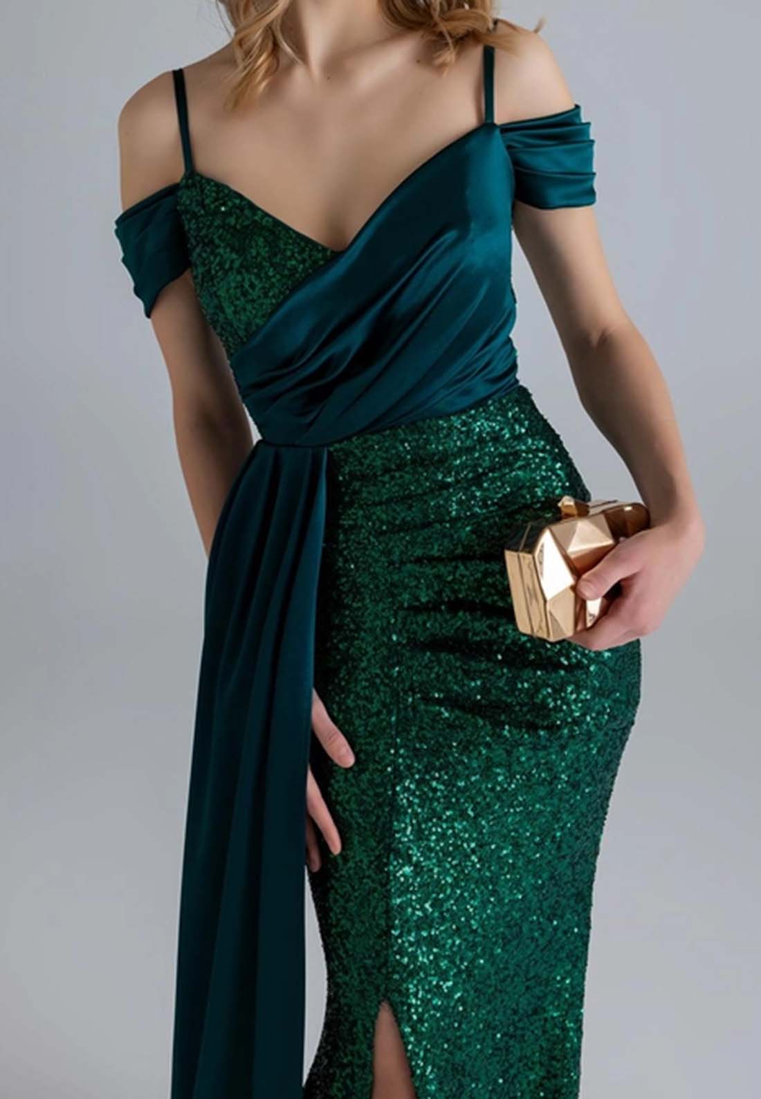 V-Neck Spaghetti Straps Sequins Side Slit Sheath Formal Dress