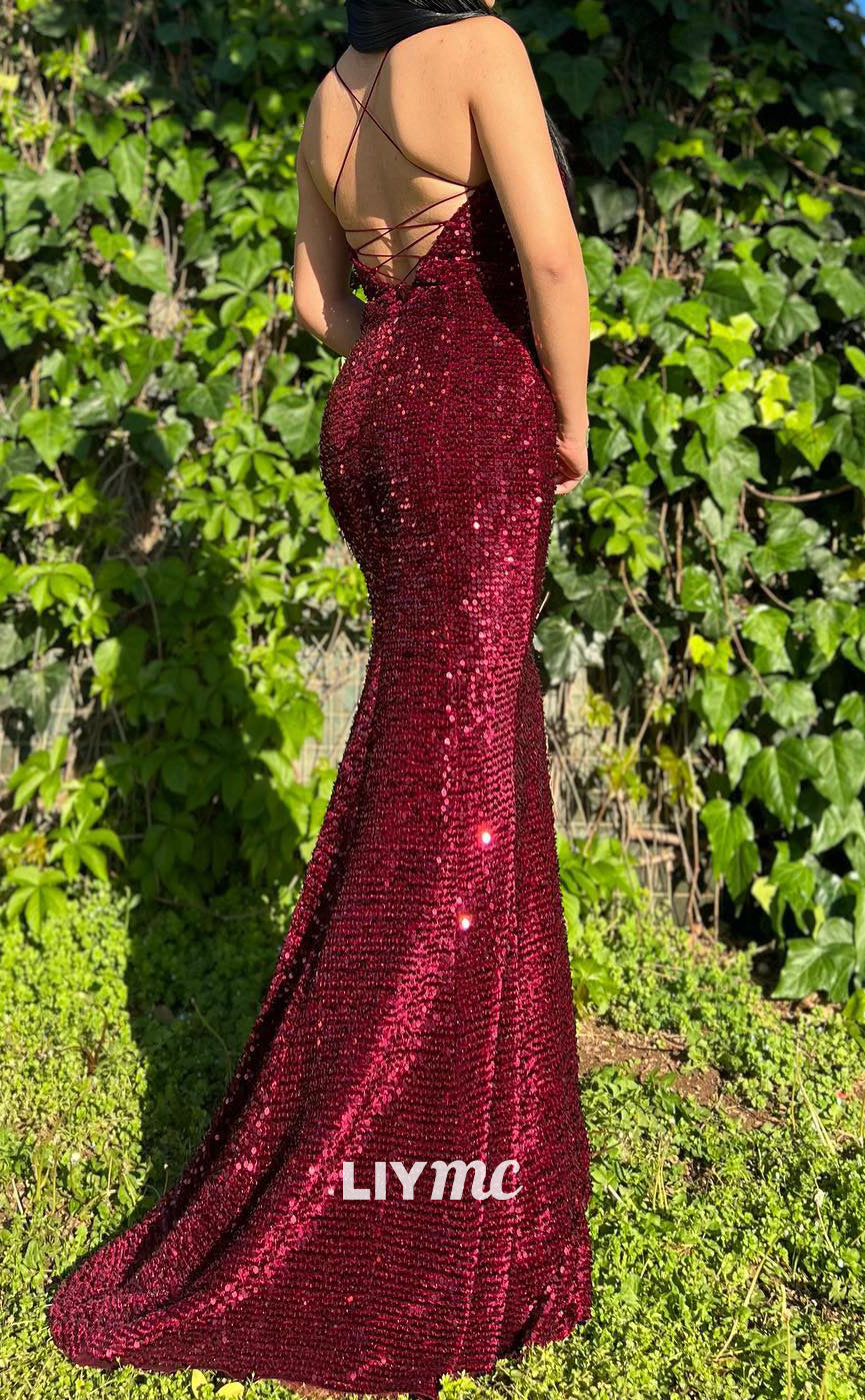 LP2174 - V-Neck Spaghetti Straps Sequins Sparkly Mermaid Prom Dress