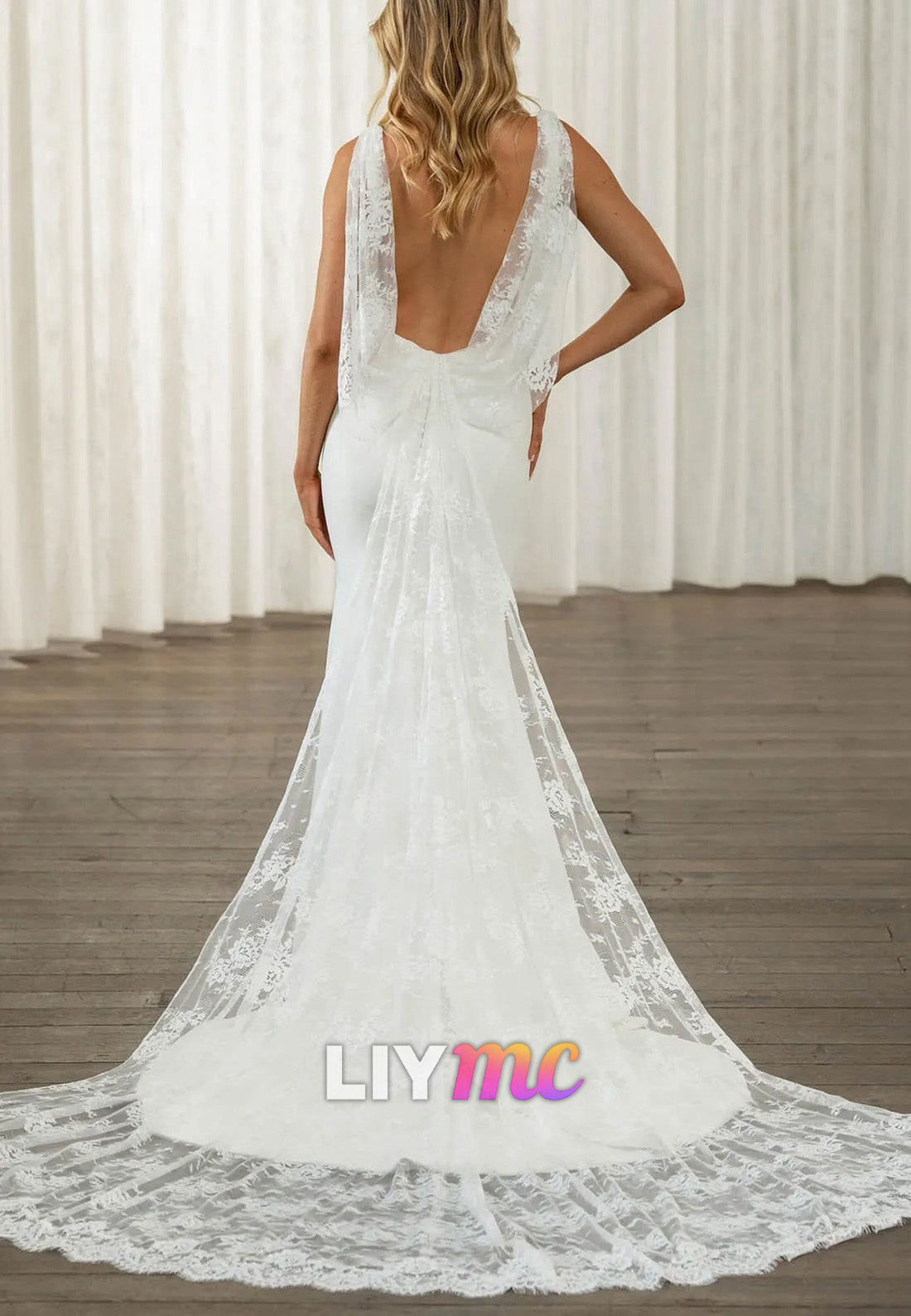 V-Neck Spaghetti Straps Sleek Mermaid Beach Wedding Dress