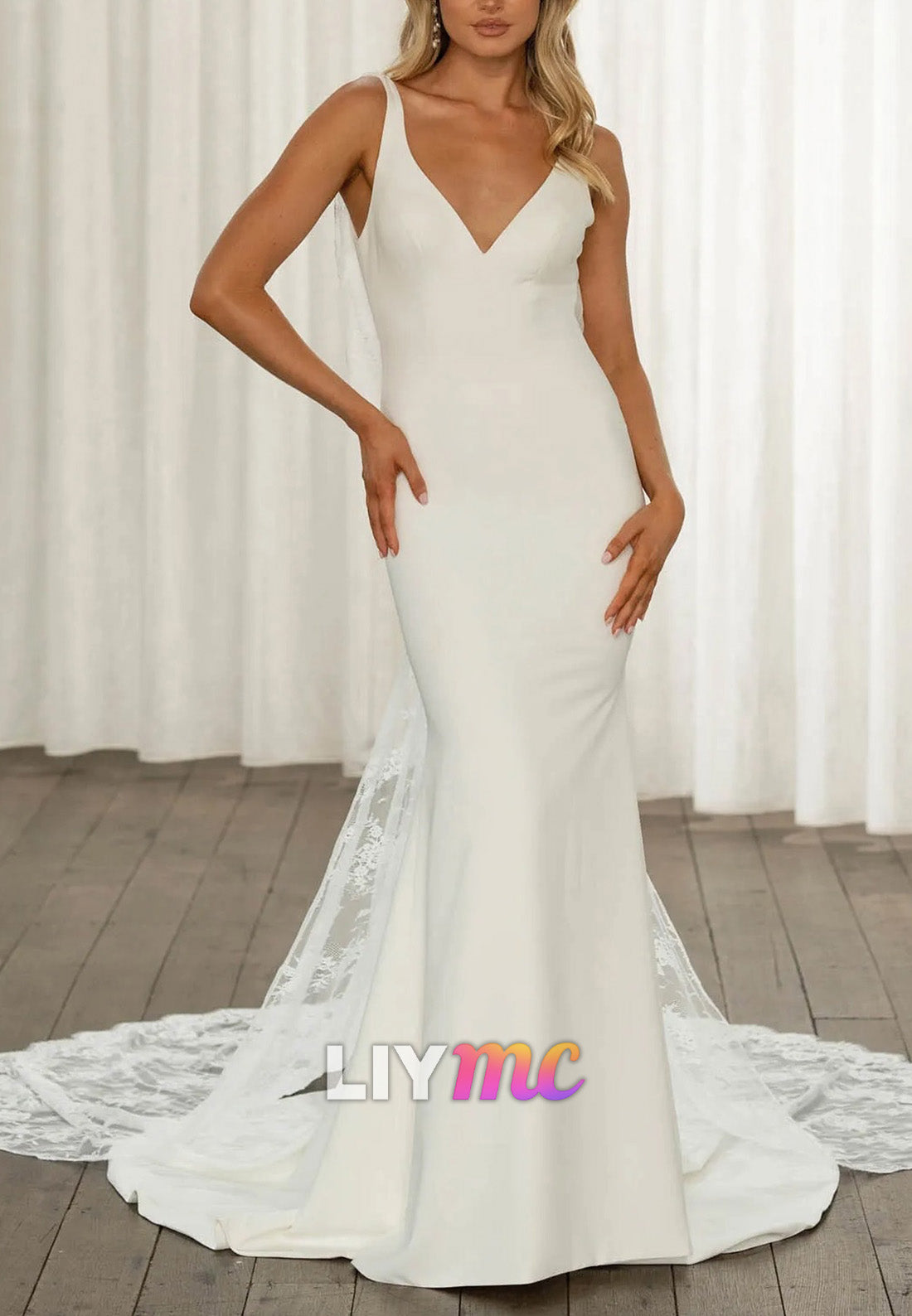 V-Neck Spaghetti Straps Sleek Mermaid Beach Wedding Dress