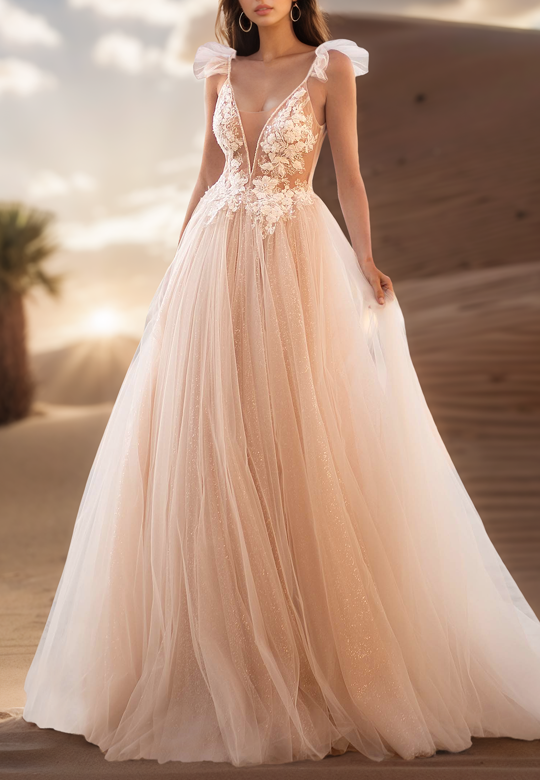 V-Neck Spaghetti Straps Tulle Floral Appliques A-Line Wedding Dress